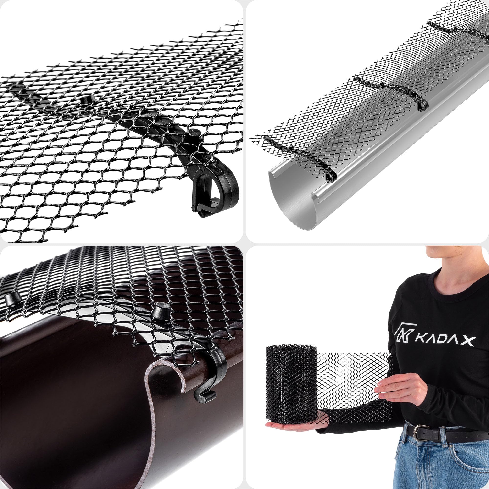 KADAX 2 x kratka ochronna do rynien dachowych, 16 cm x 6 m, ochrona przed liśćmi z tworzywa sztucznego, do rynien deszczowych, kratka ochronna z klipsami mocującymi, ochrona rynny dachowej
