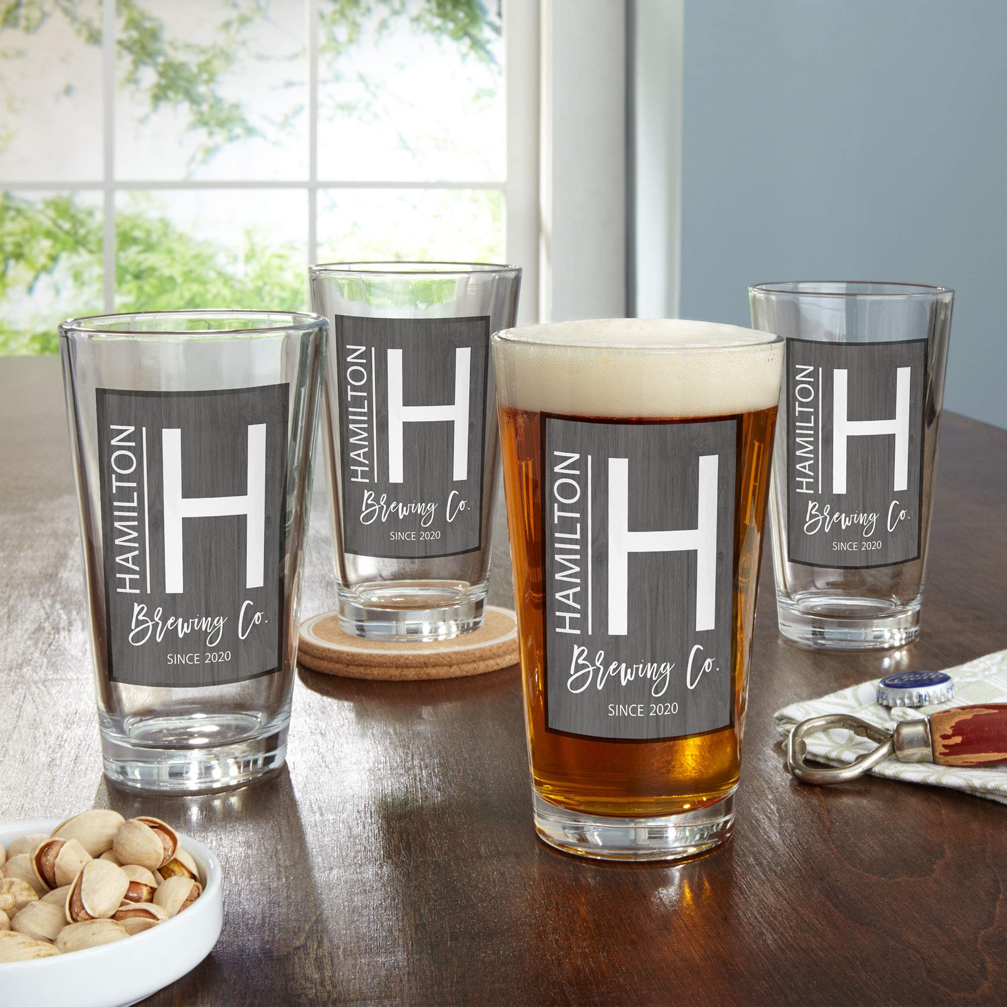 Let's Make Memories - Personalized Pint Glass Barware - Modern Monogram Pint Beer Glass - Customize with Any Initial, Name and Message - Holds 16oz, 9