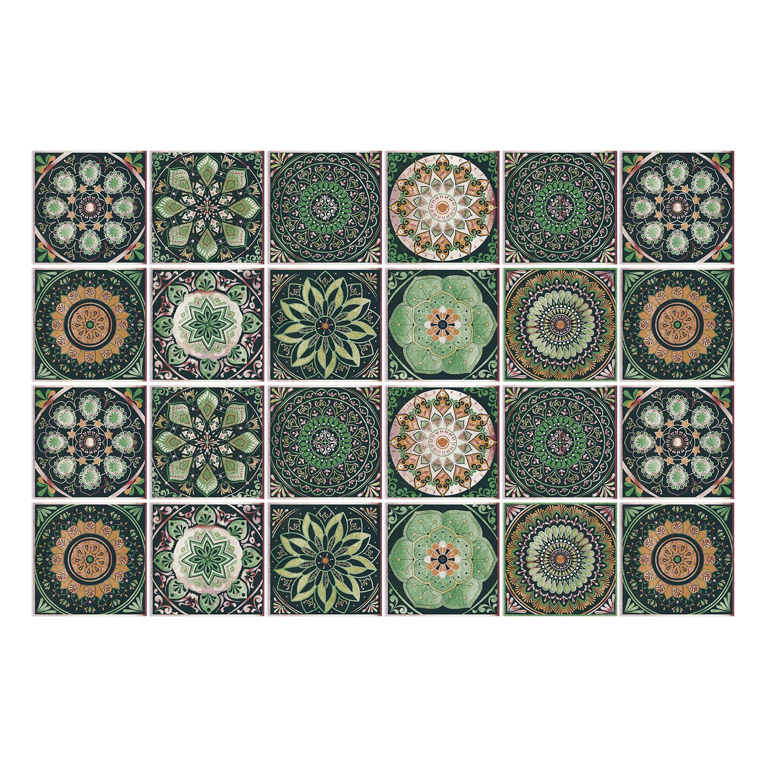LMYSXAOZ Stick on Tiles Grass Green Mandala Self Adhesive Stick-on Wall Tile Stickers Transfers PVC Durable Peel and Floor for Bathroom Kitchen Waterproof Oil-Proof Art 15x15cm/24 Pcs