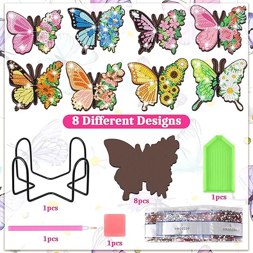 Miniatura 3 de Umigy Juego de 8 posavasos con diseño de mariposa, diseño de diamantes de Navidad, pintura de diamante, almohadillas de corcho antideslizantes con