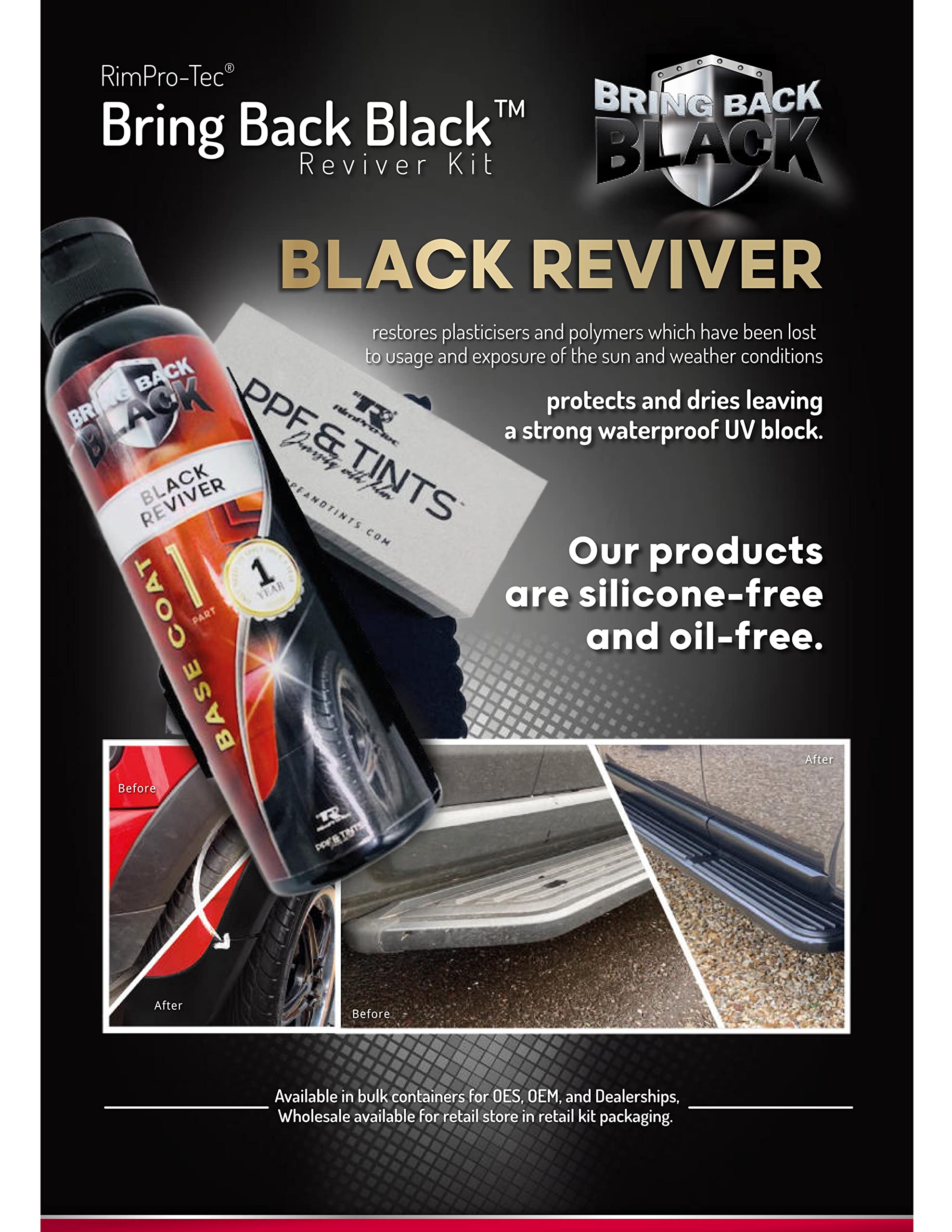 RimPro-Tec Bring Back to Black Plastic Restorer - Black Trim Restorer for Interior and Exterior use in Plastic & Rubber - Full Retail Kit Color Base Black Coat, Plus 1 x sponge and 4 x Cloths and BagB