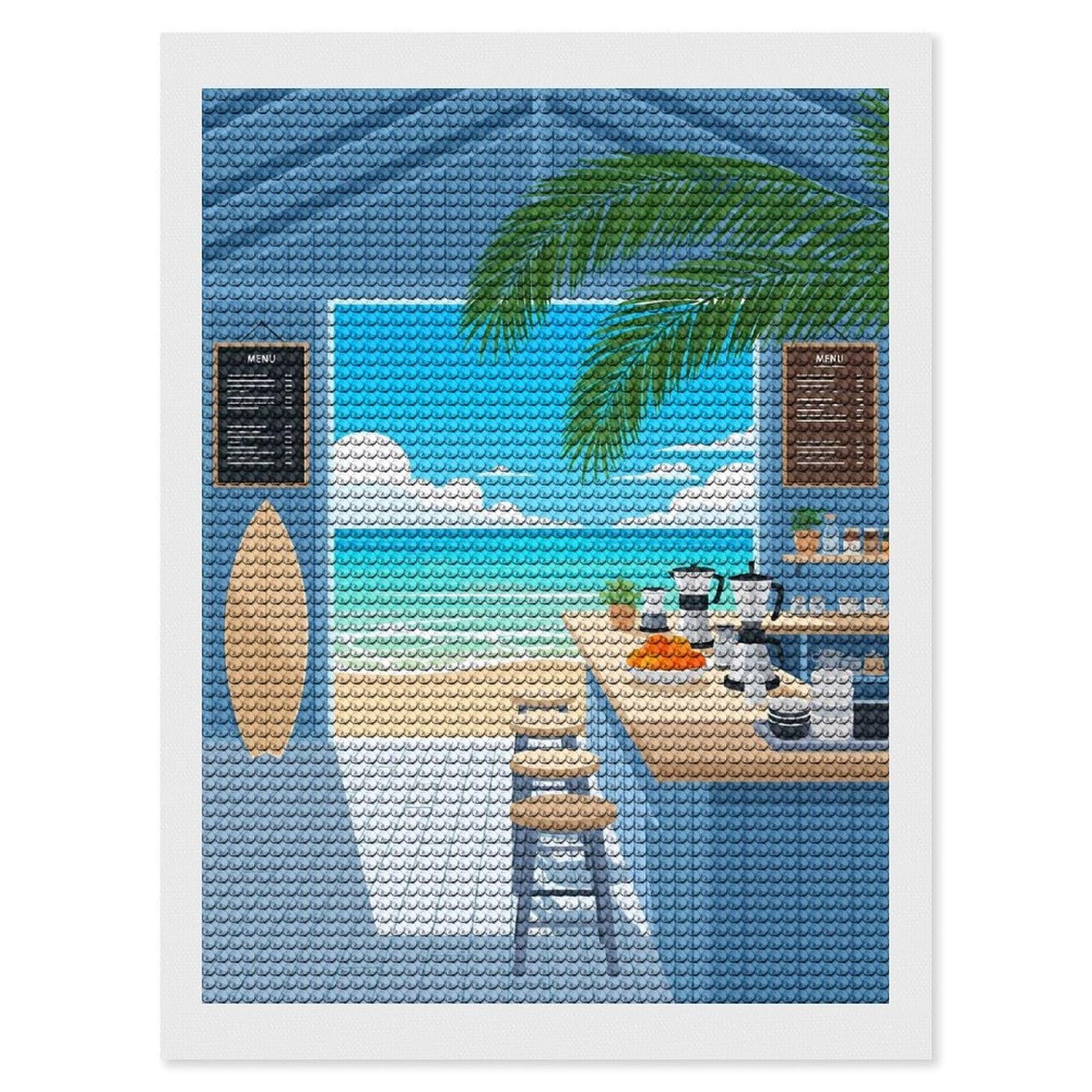 Junmoney Beachside Cafe Diamond Painting Set 12"x16", for Adults, Decorate Your Room, Thoughtful Handmade Gift, Boho Decor, with Tool Kit