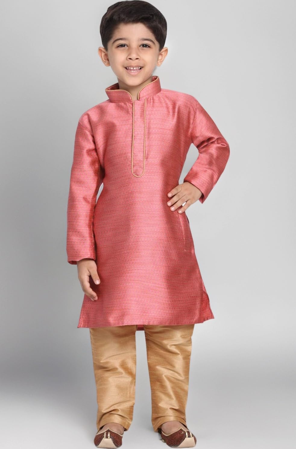JBN Creation Boys' Full Sleeve Silk Blend Kurta Pyjama Set with Mandarin Collar, Featuring Ethnic Motifs, Self-Design, and Embellishments - Perfect for Festivals and Special Occasions