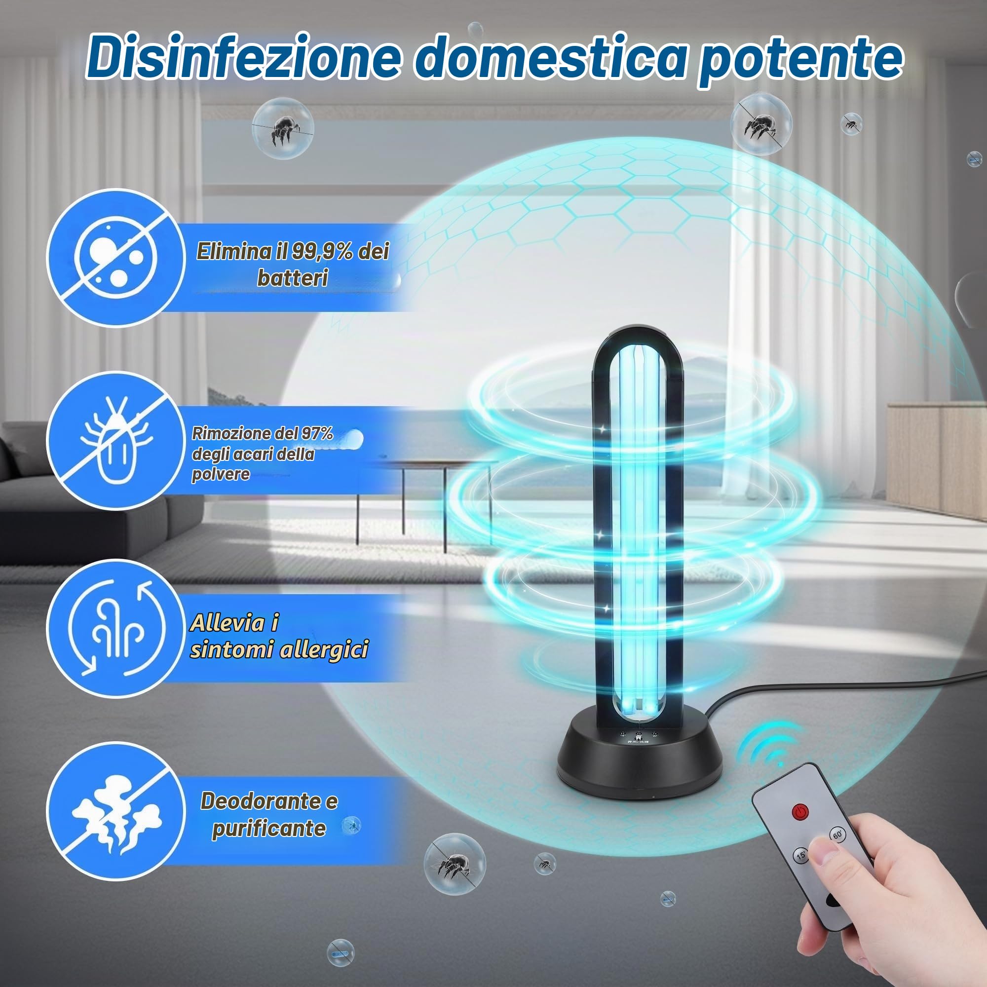 HYLR Lampada Germicida UVC ，Telecontrollo lampada UV di disinfezione, Lampada Germicida Sterilizzatore UV, Timer 15/30/60 minuti, Potenza 38 Watt Uccide 99.9% di Batteri Virus Muffa