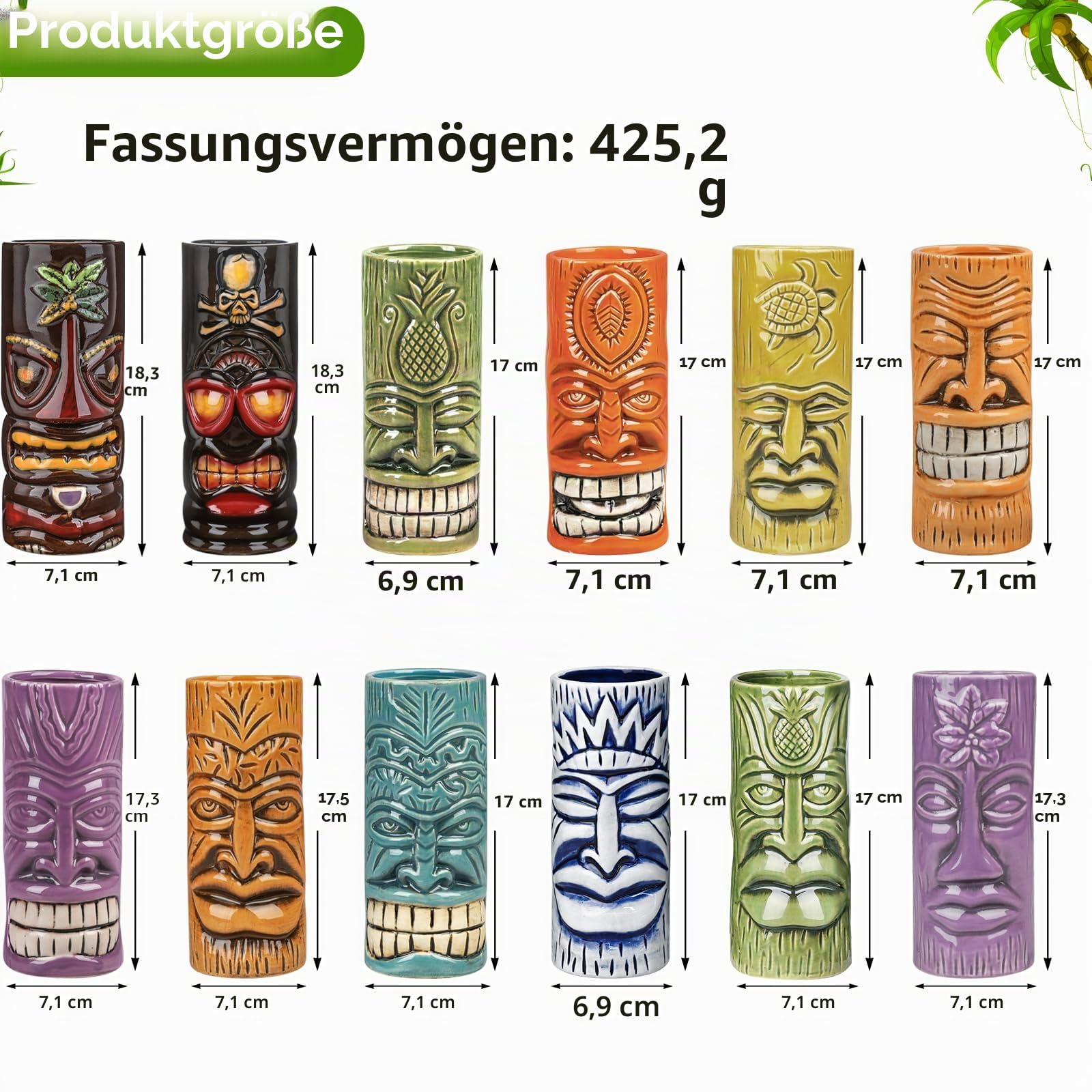 SuproBarware Tiki Tassen Set von 12 – Große Cocktail-Tiki-Gläser, hawaiianische Party, niedliche exotische Cocktailgläser, hawaiianische Keramiktasse