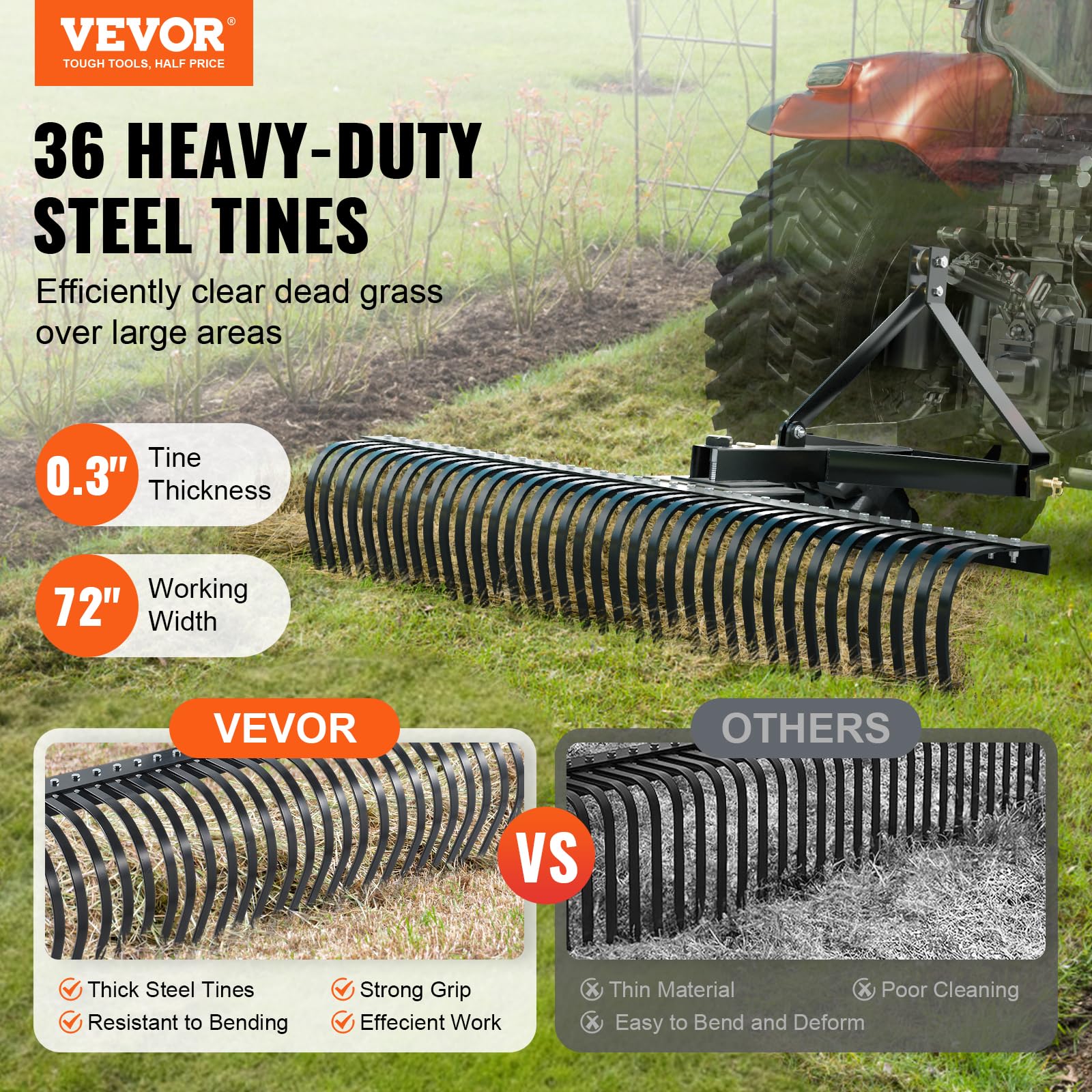VEVOR Remolque detrás de la Escarificadora, 759,5 x 678,2 x 482,1 mm con 36 Púas de Acero, Rastrillo de Césped de 3 Puntos con Accesorios para Tractor, Rastrillo de Paisaje para Jardín, Granja, Césped