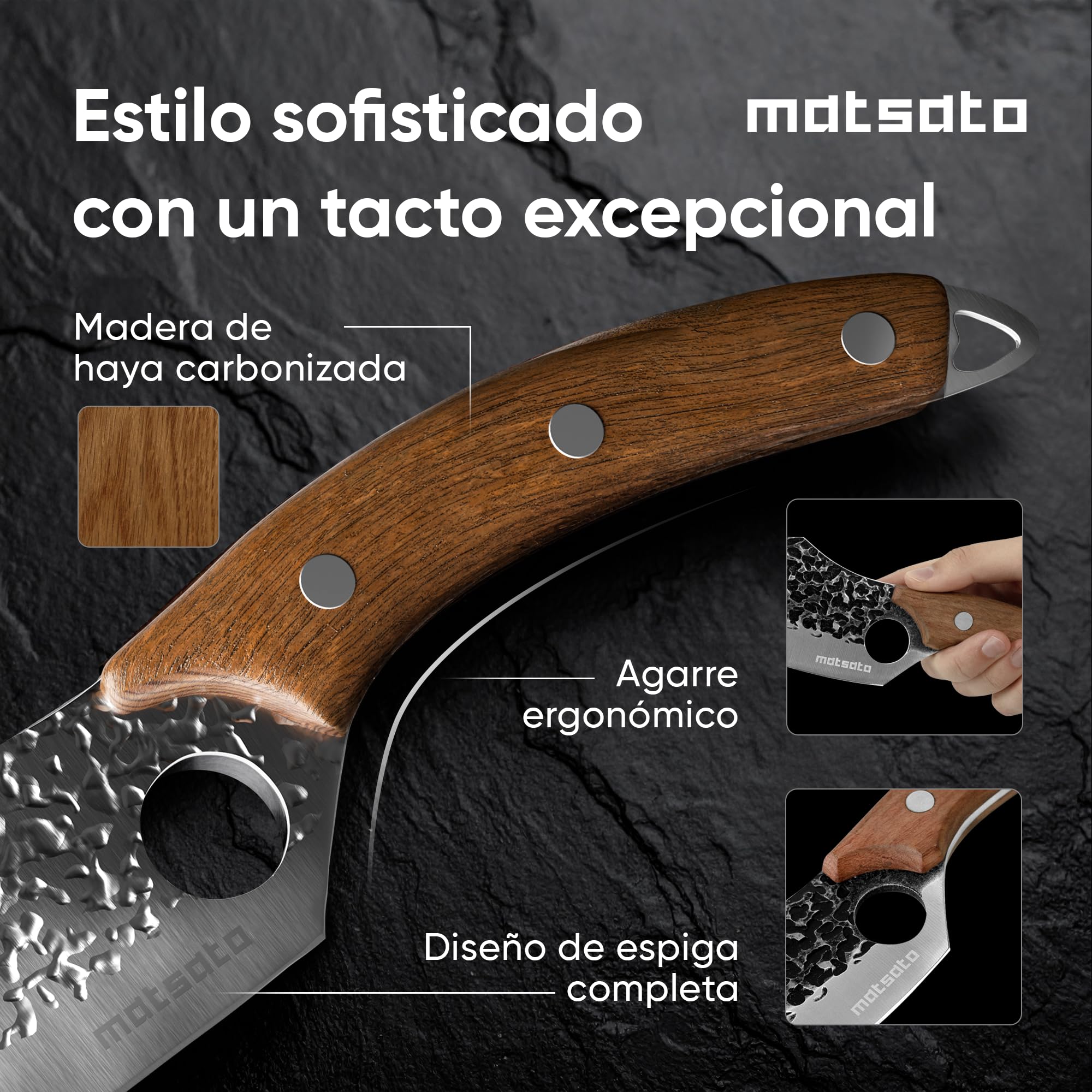 Matsato Juego 3 Cuchillos de Cocina Profesionales Mango Madera | Cuchillo chef, cuchillo para carne y cuchillo universal. Mango ergonómico de madera.