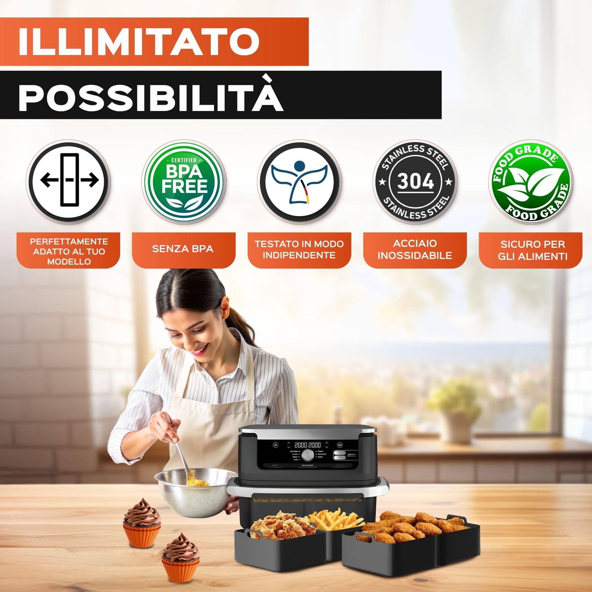 UNBOX Accessori Friggitrice ad Aria - Accessori Airfryer Doppia 1×10,4L e 2×5,2L per Ninja Foodi Flexdrawer AF500EU 10,4L e Cosori Dual Blaze 10L - Con Teglia in Silicone e eBook di Ricette
