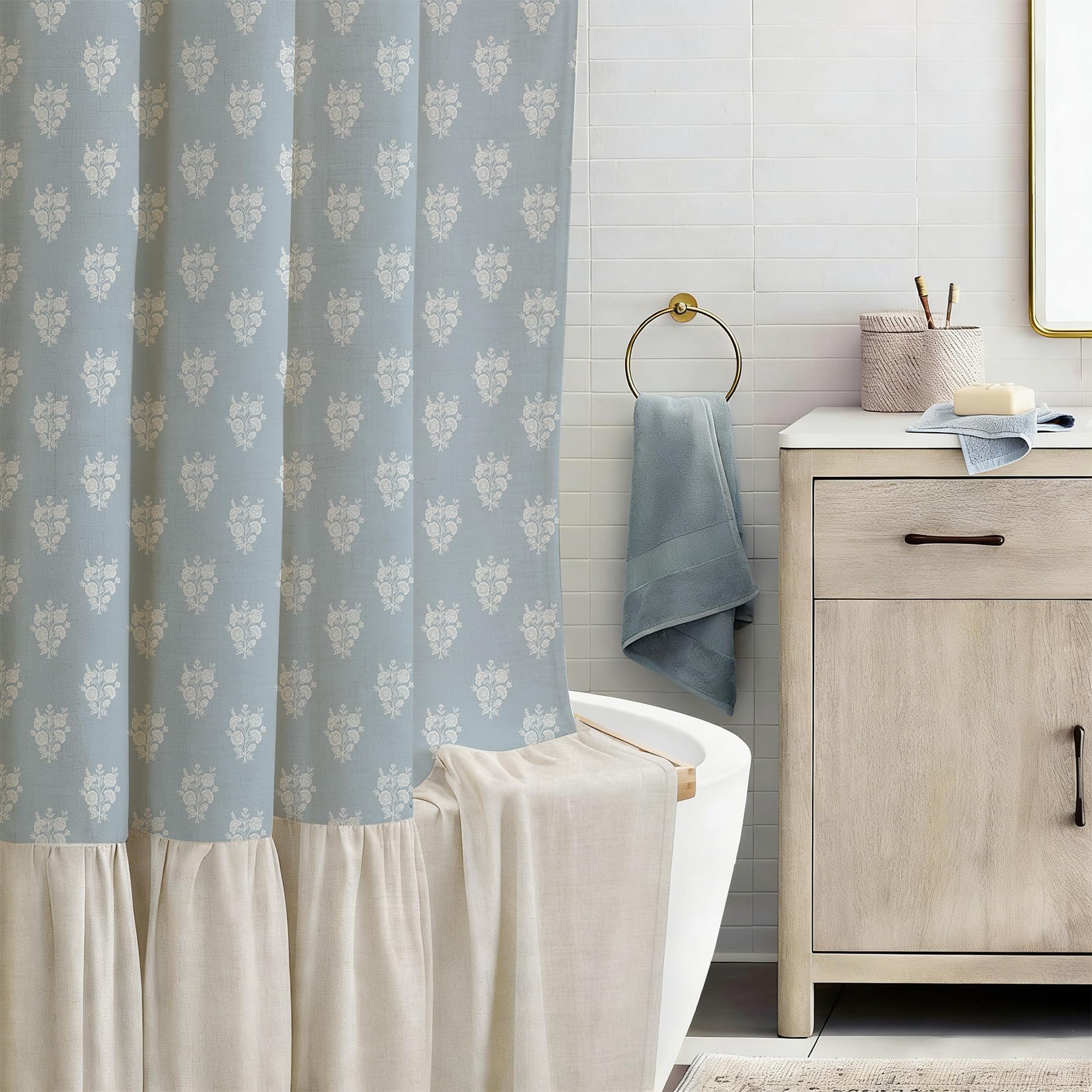 ORTIGIA Linen Textured Ruffle Shower Curtain with Metal Hooks, Blue Vintage Block Print Floral Boho Waterproof Bath Curtain for Rustic Farmhouse Bathroom Decor 72x72 Inch