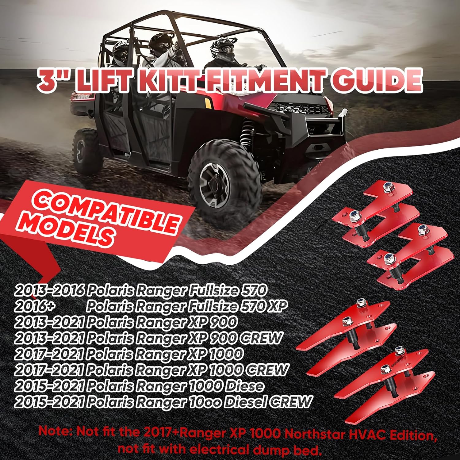 Red UTV Ranger Lift Kit, 3" Ranger Front and Rear Bracket Lift Kit Fit for 2013-2022 Polaris Ranger Fullsize 570/XP 570/XP 900/XP 1000/1000 Diesel