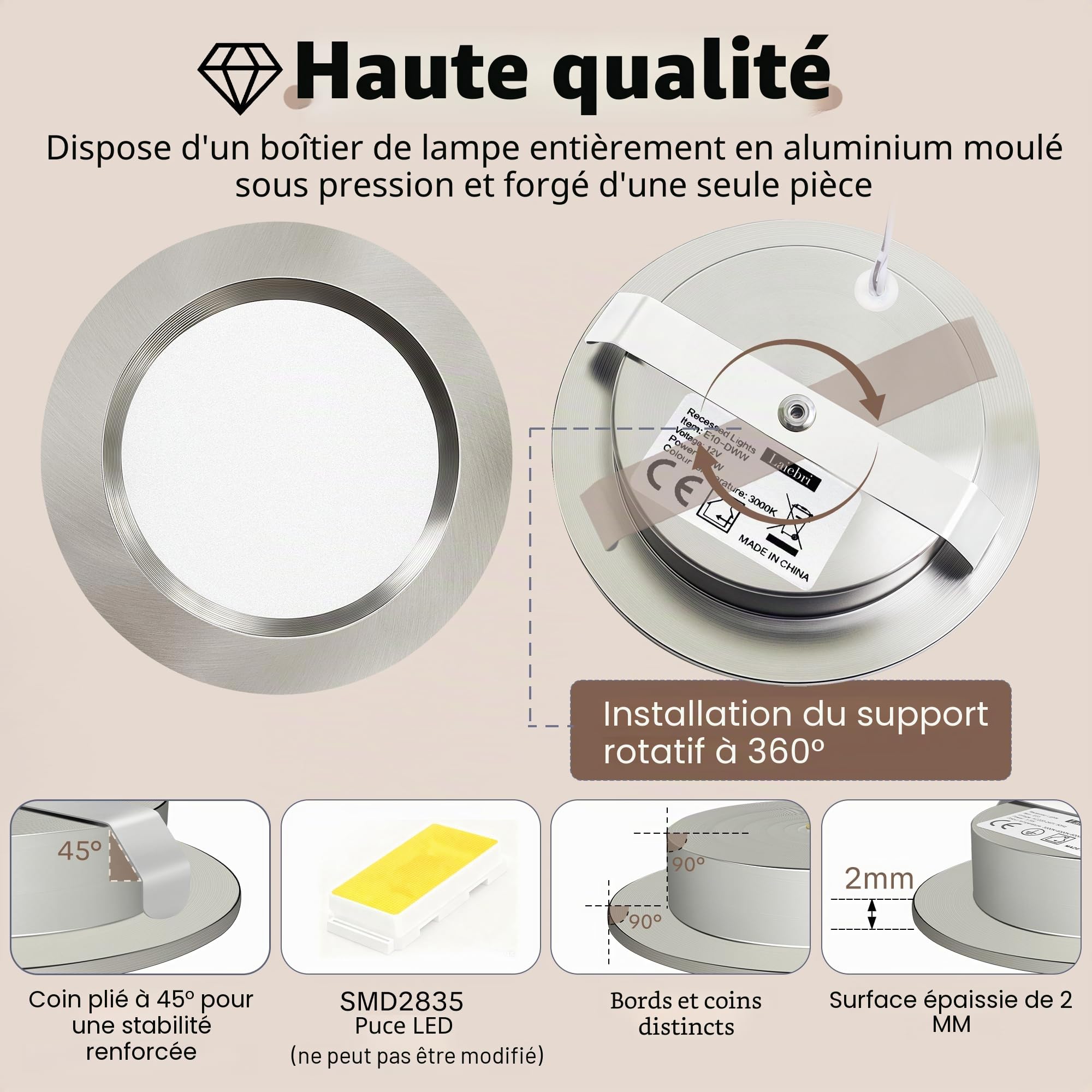 Lot de 3 Spot LED Encastrable 12V, 3000K Blanc Chaud 3.5W 330LM Alu Spots de Plafond Intensité Variable, LED Encastrable Plafond Trou 55-58mm, IP44 Plafonnier Spot pour Camper Meuble, Nickel