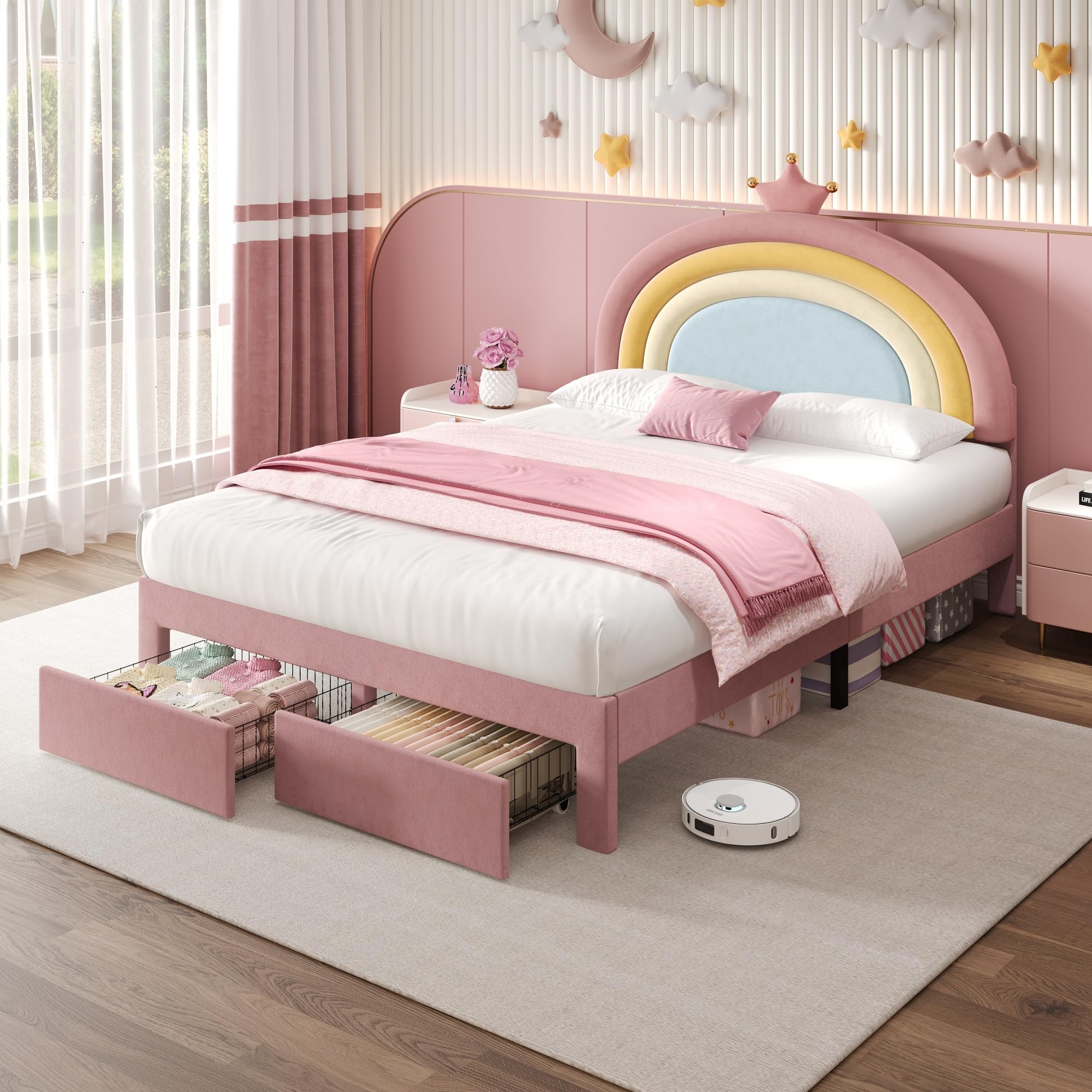 4ft6 Double Bed Frame with Storage Drawers, Velvet Upholstered Platform Bed with Adjustable Rainbow Headboard & Wooden Slats Support/No Box Spring Needed, Youth Beds for Adult Kids Teenagers, Pink