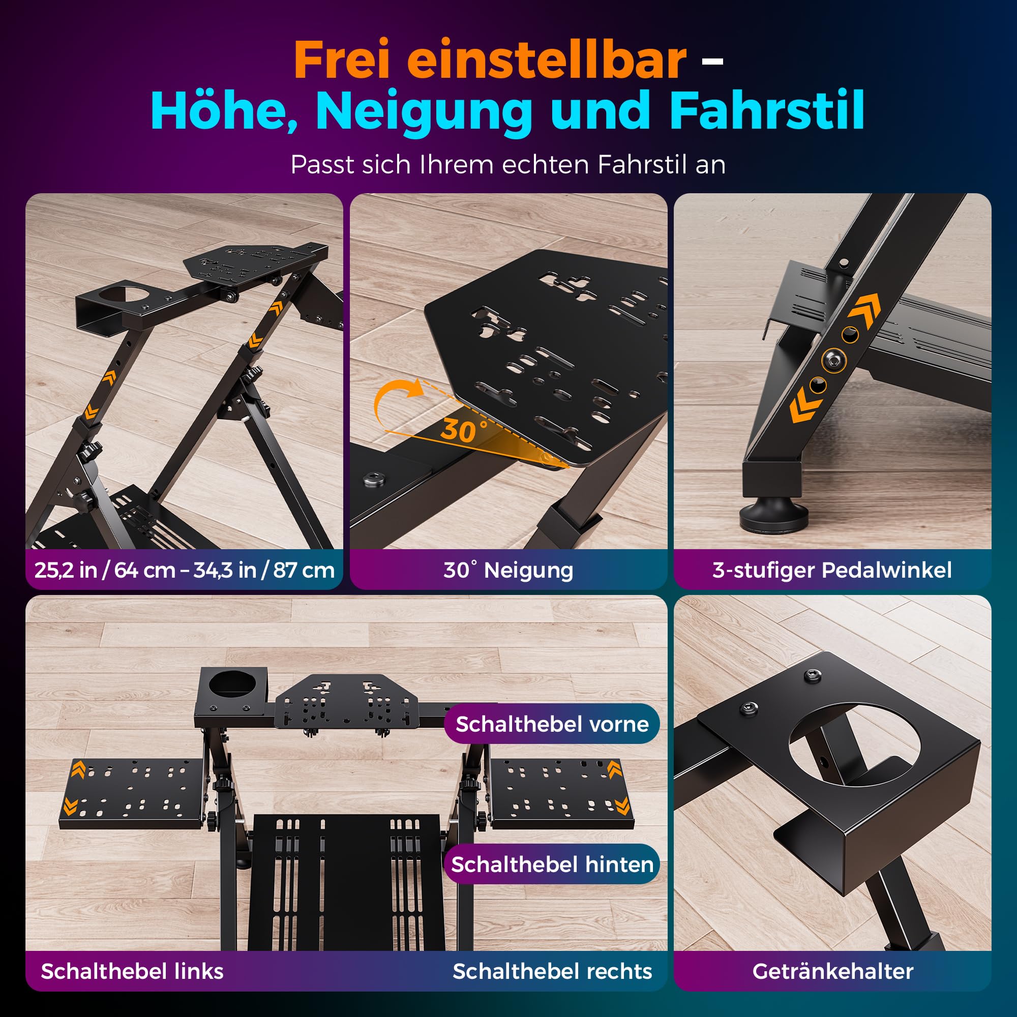 Hochkompatible Lenkradständer für Lenkrad, Faltbarer Gaming Wheel Stand Racing Lenkrad Halterung 31 Loch Lenkradplatte & 26 Loch Schalthebelplatte, Breit Höhenverstellbar Und Mit Trinkhalterung