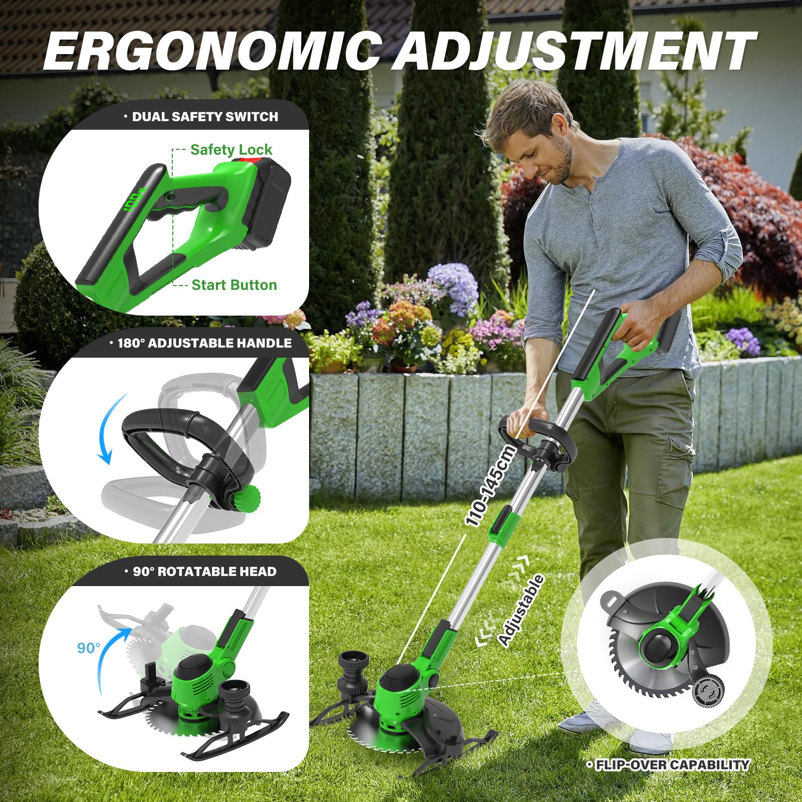 Desbrozadora Bateria 21V, Desbrozadora Electrica con 2x3.0Ah Baterías y Cargador, 3 En 1 Cortabordes Bateria con Mango para Césped, Arbustos y Maleza (Verde)