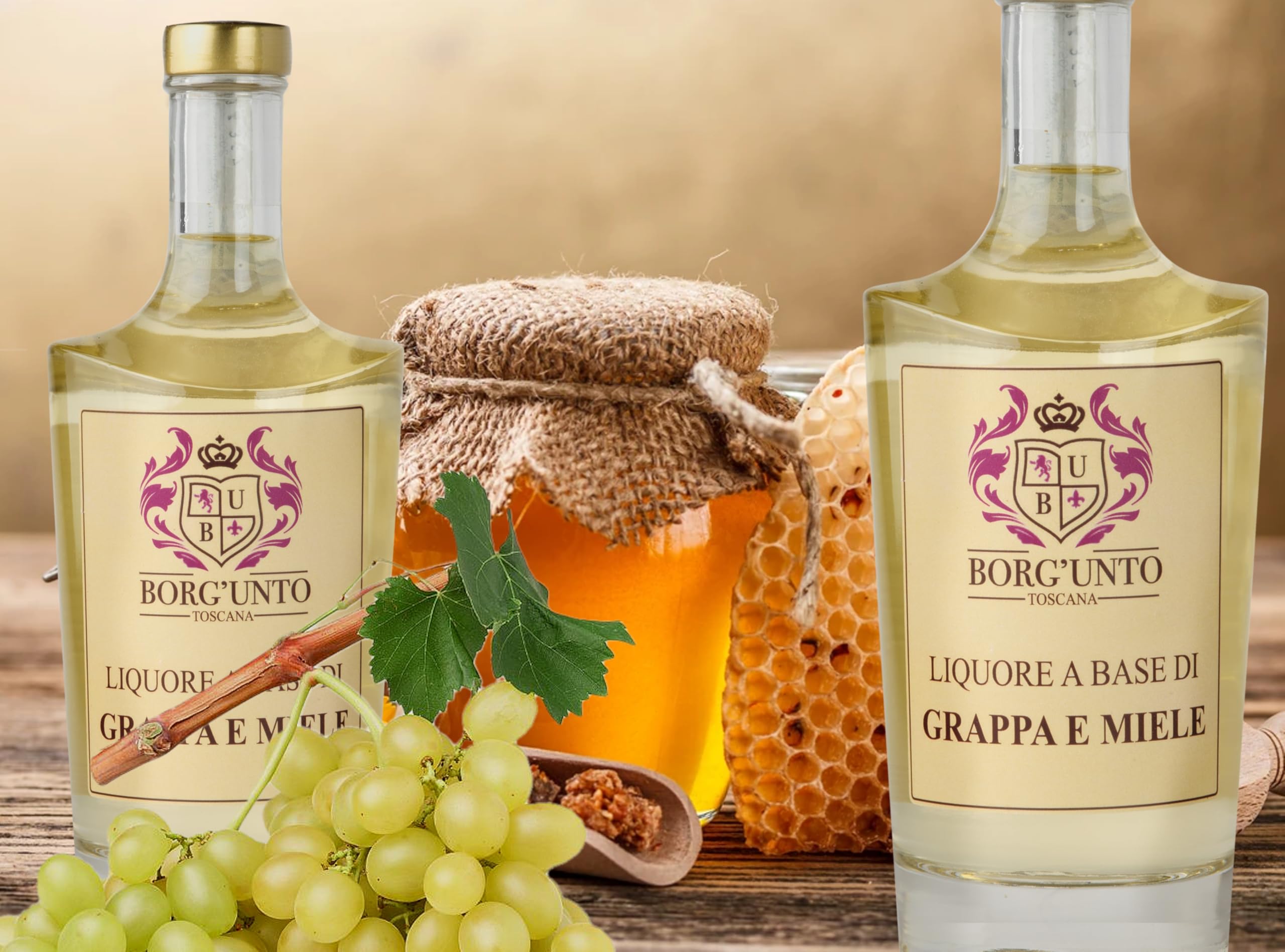 Borgunto® Liquore al Miele su Base Grappa 50cl - Digestivo Artigianale di Grappa Chianti Classico e Miele Millefiori Toscano (6pz)