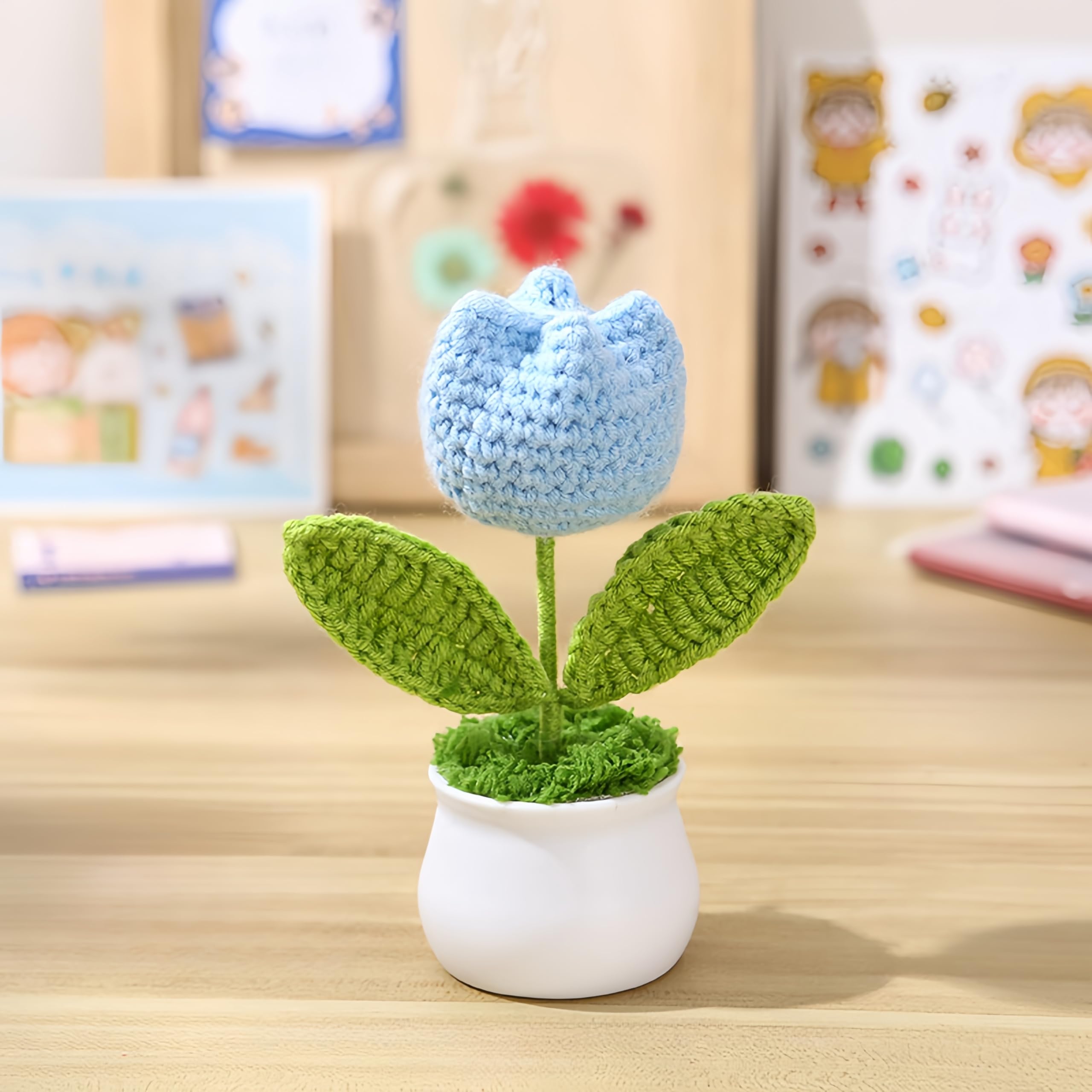 YANGSHINE Confezione Da 4 Mini Fiori Artificiali In Vaso Fatti A Mano All' Uncinetto - Girasoli Lavorati - 9
