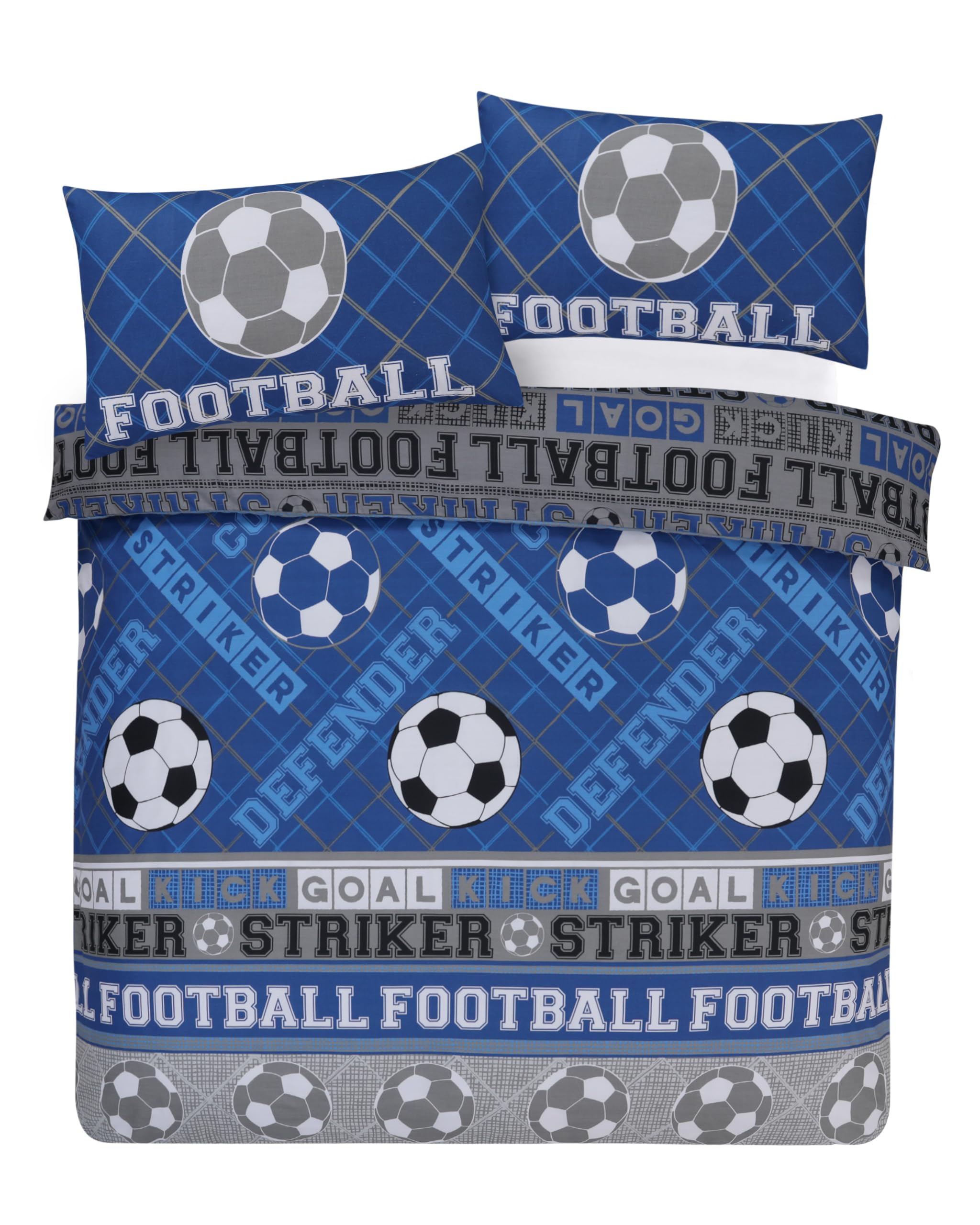 Grey Blue Football Single Duvet Cover Set Reversible Boys Bedding With Pillowcase (BLUE/GREY DUVET COVER SET, Single)