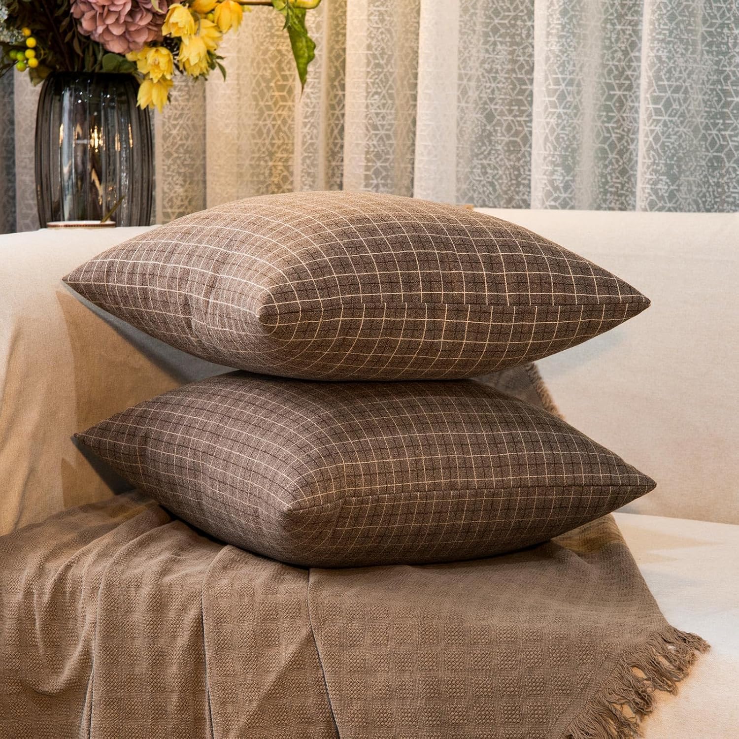 Tweed Throw Pillow Covers Woolen-Style Fabric Square Pillow Cases for Farmhouse Cushion Case and Home Sofa Couch Decor Pack of 2,18x18 Inch Senior Brown Plaid - Image 4