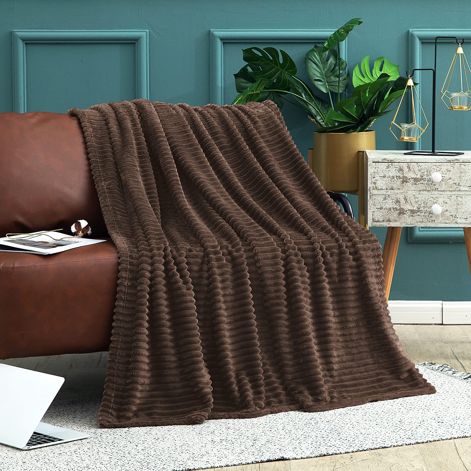 Vessia Flannel Fleece Throw Blanket(50X70 Inch), 300GSM Cozy Brown Stripe Throw for Couch, Sofa and Bed, Warm and Soft Chocolate Microfiber Ribbed Blanket for All Season