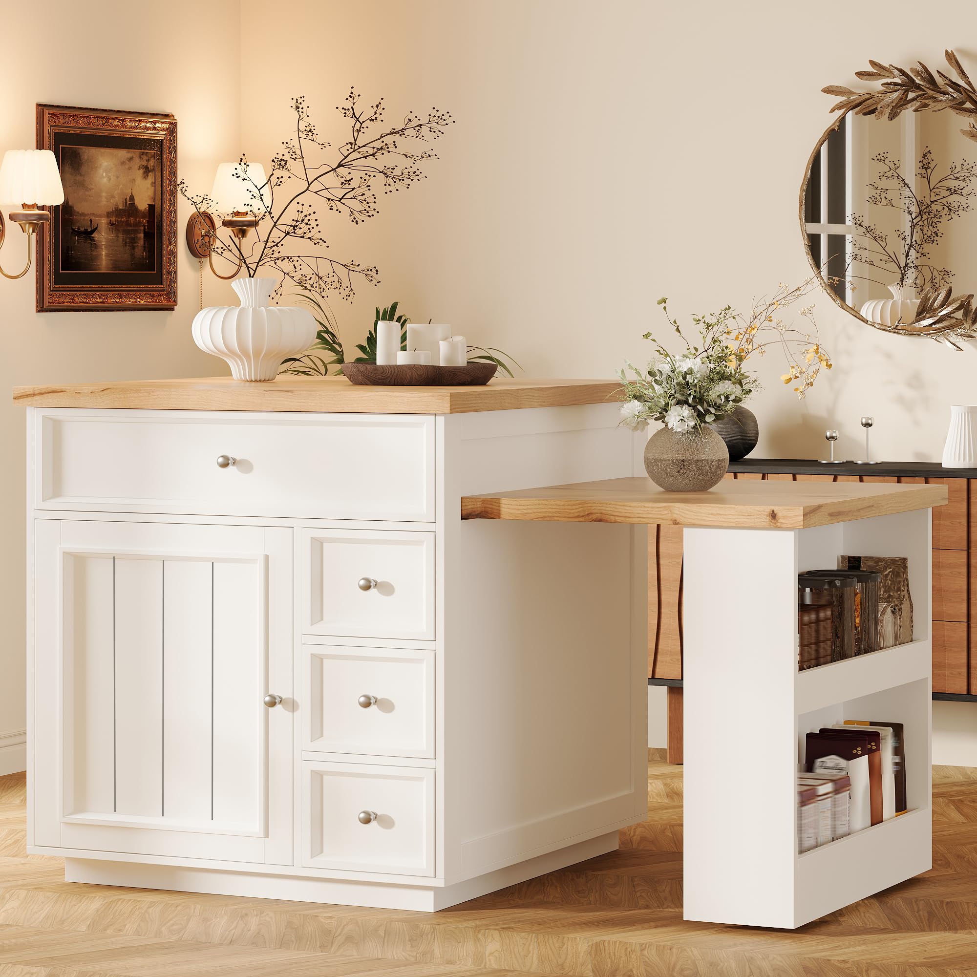 Isola da cucina estensibile (120-184 cm) con cassetti e ruote, isola da cucina mobile con piano in effetto legno, isola da bancone versatile per cucina, sala da pranzo e bancone da bar
