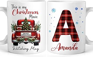 Personalized Christmas Coffee Mug, This is My Christmas Movie Watching Mug Holiday Accent Mugs with Initial Letter, Xmas Presents Gifts for Mum Dad Friend Sister Brother - Custom Ceramic 11oz Mug