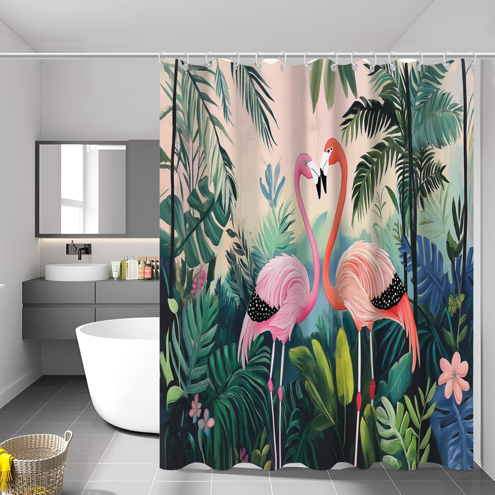 Rideau de douche jungle et flamant rose 180x180 cm imperméable en tissu avec crochets