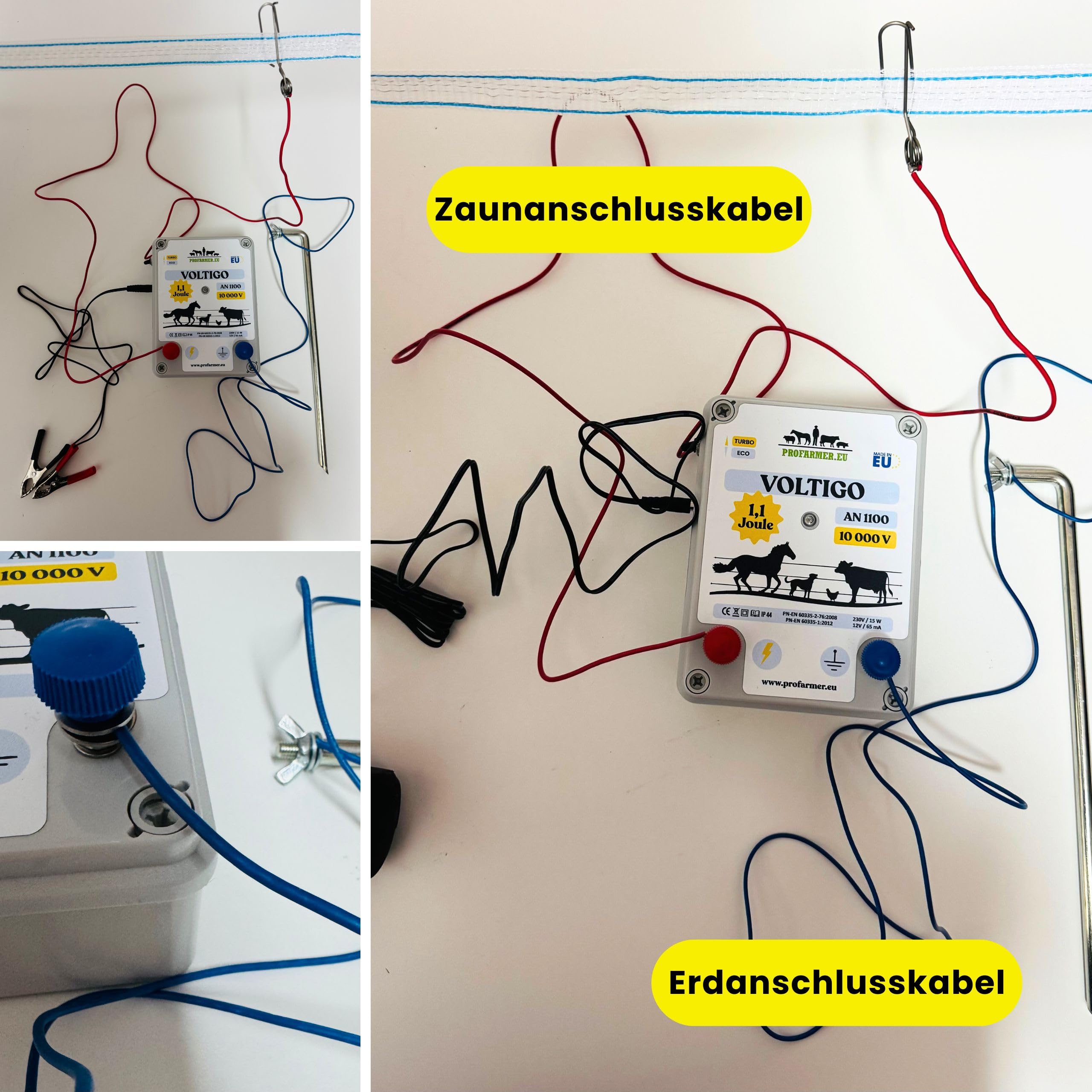 VOLTIGO AN 1100 urządzenie ogrodzeniowe 230 V/12 V, ogrodzenie elektryczne dla koni, bydła, psów, kotów, drobiu, w zestawie adapter sieciowy, kabel akumulatorowy, przyłącze ogrodzenia, przewód