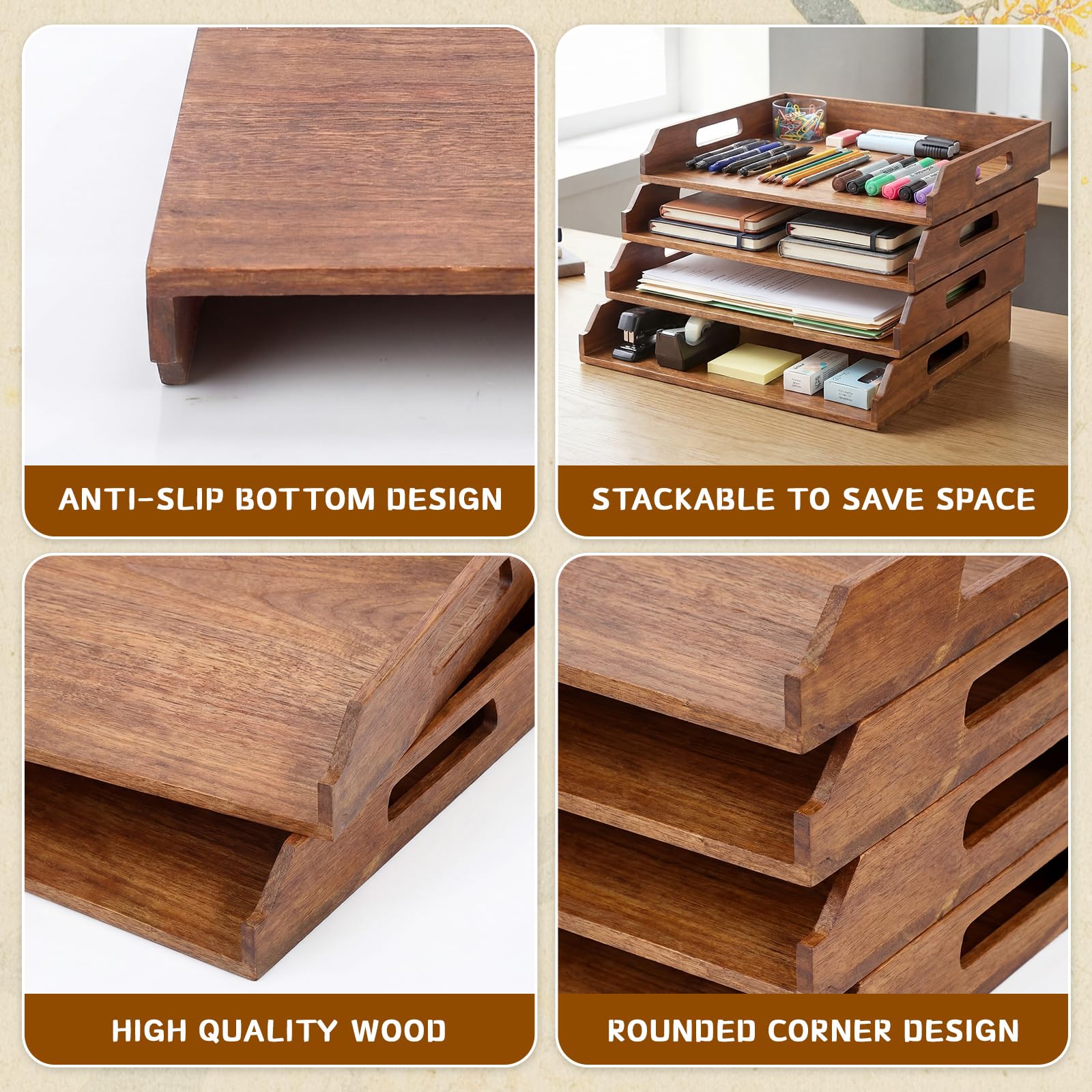 AceOrbit 4 bandejas de papel apilables de madera de bambú, organizador de escritorio, bandeja de cartas, organizador de archivos de madera de 4 niveles, estante de escritorio para documentos