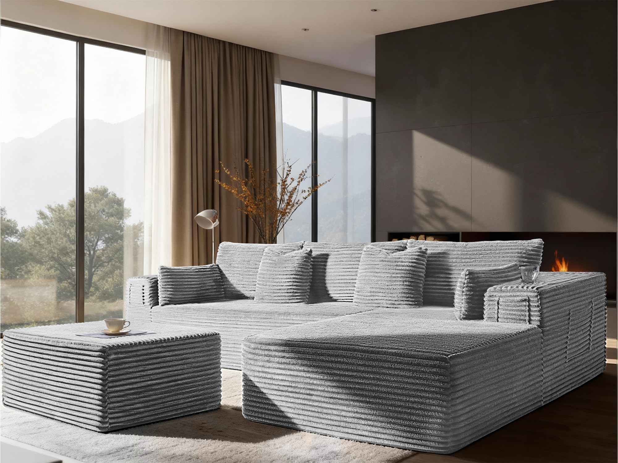108" Oversized Cloud Sectional (Light Grey, 2 Seater+Right Facing Chaise+Ottoman)