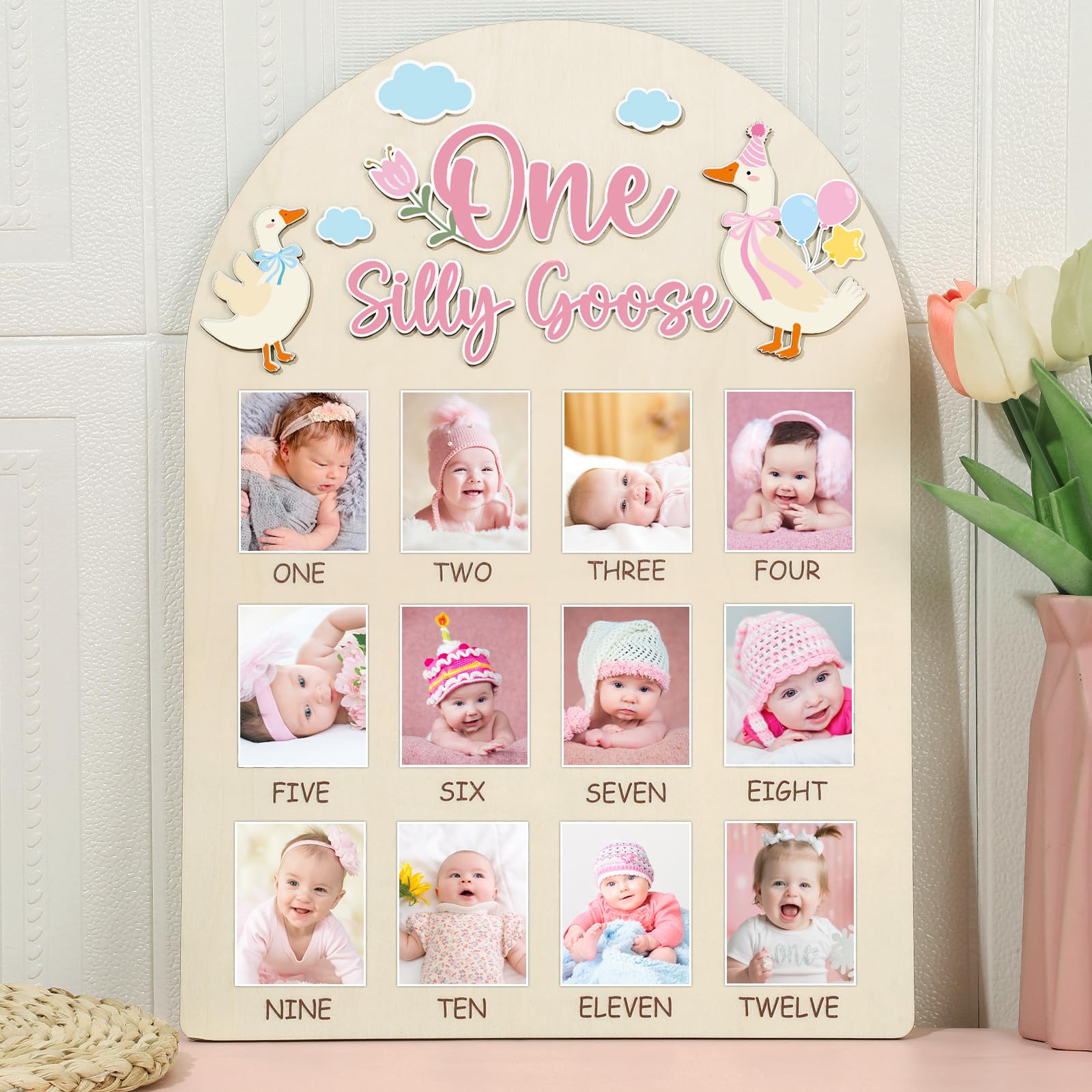 Photo 1 of One Silly Goose Photo Board Goose Themed Birthday Party Decoration Wooden Board 12 Monthly Milestone Picture Frame One Year Old 1st Birthday Banner for Baby Girl Keepsake Gift Supply(Fit 2x2.8in Pic)