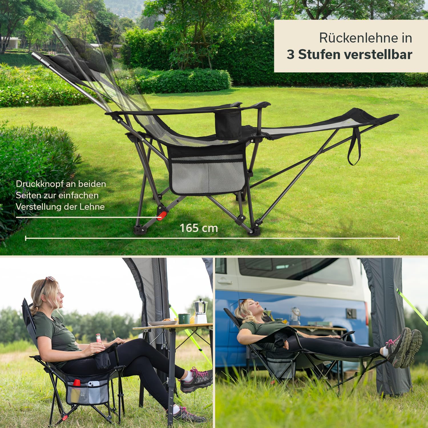 Skandika Campingstuhl mit Fußablage Toras | 2-in-1 Liegefunktion, Faltbarer Liegestuhl, verstellbare Rückenlehne, leicht, Klappstuhl mit Getränkehalter, Strandstuhl klappbar Camping Stuhl Faltstuhl