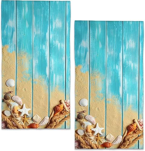BIGXIUKA Toalla de mano de baño, paquete de 2 toallas de mano absorbentes de conchas de playa con estrellas de mar, toalla de mano de madera, toalla