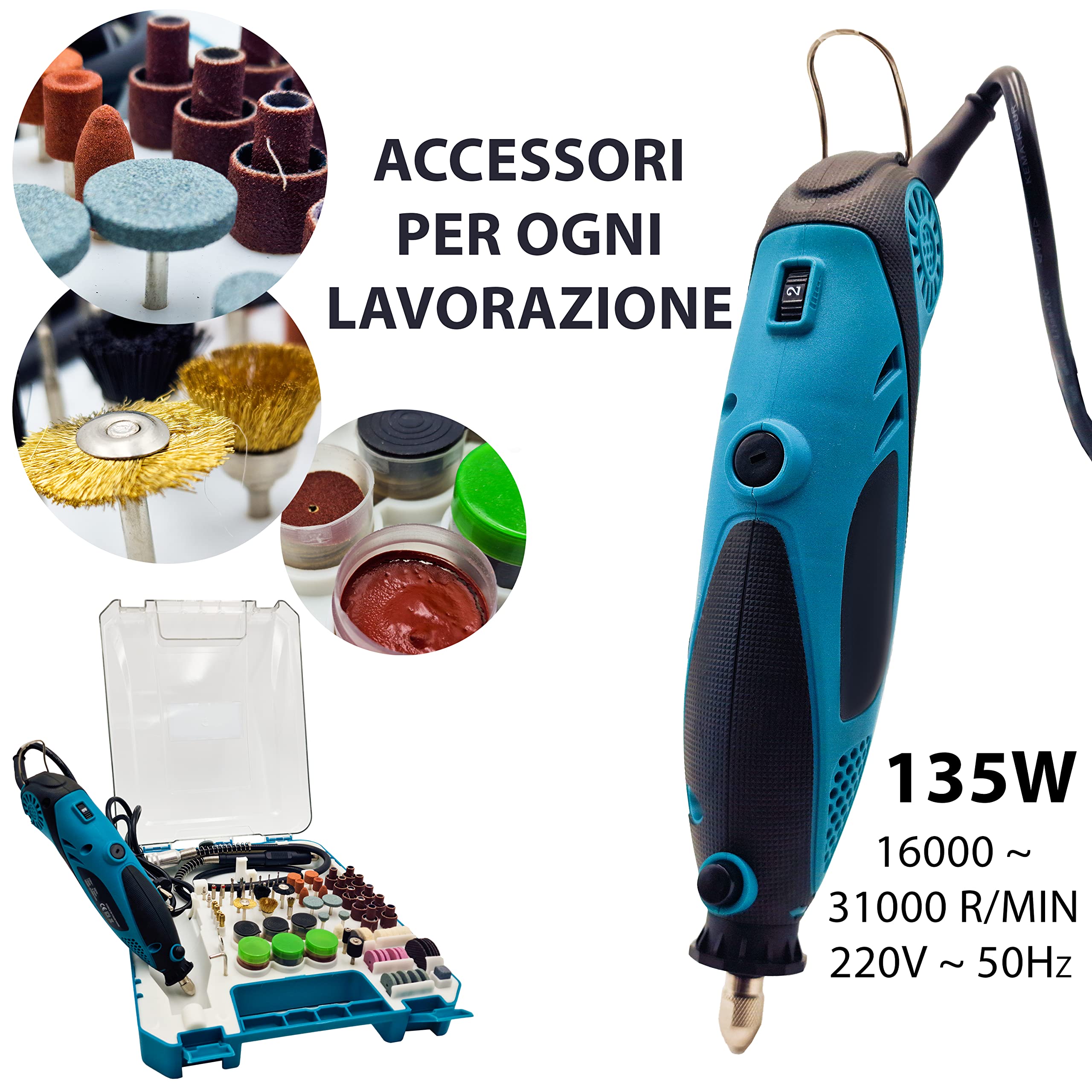 MAKA Trapano Multifunzione 6 Velocità con 211 Pezzi per Levigare Incidere e Perforare Mini Smerigliatrice 135W 23cm Lunghezza (211 pcs 135W)