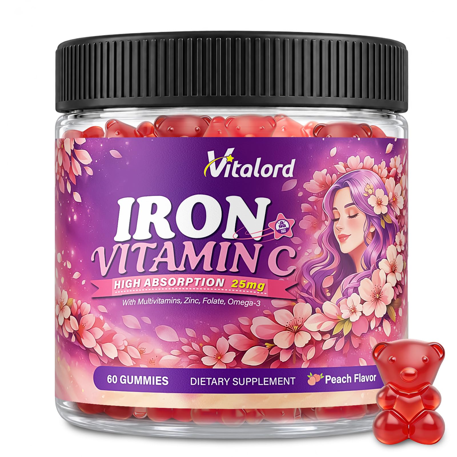 Iron Bisglycinate Gummies 25mg with Vitamin C for Women & Teen Girls, 60 Ct