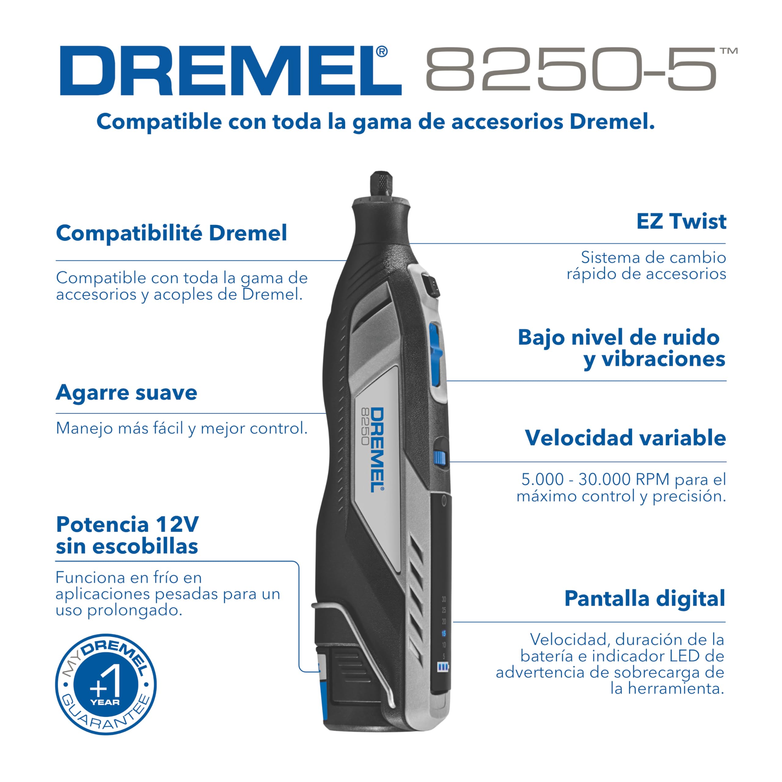 Dremel 8250 Herramienta rotativa sin cable 12V sin escobillas 5.000-30.000 RPM Kit con caja Dremel, 65 accesorios, 5 adaptadores 2 batería+cargador para amolar, taladrar, fresar, eliminar lechada