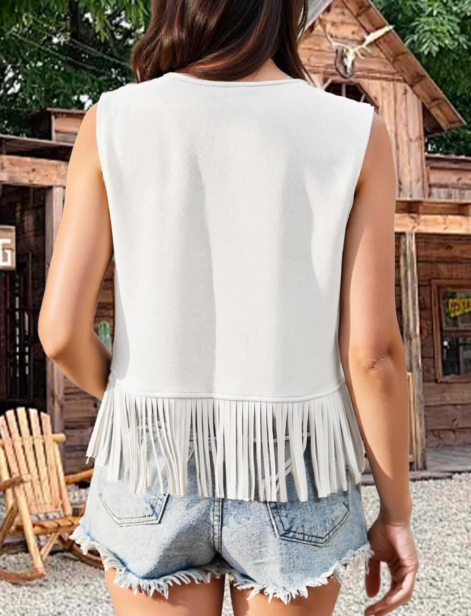 Maeau - Gilet corto in camoscio con frange da donna senza maniche aperte stile anni '70 giacca S-XXL
