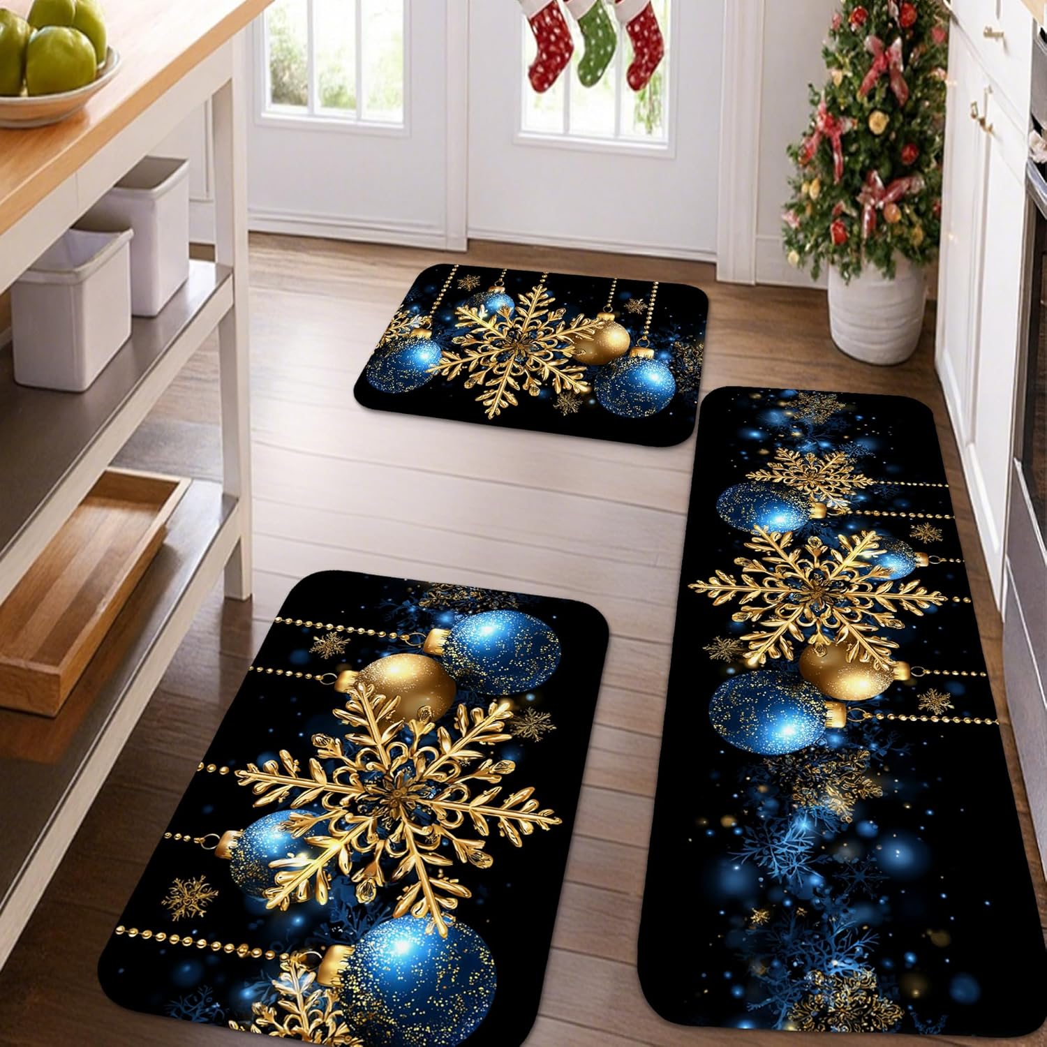 Christmas Kitchen Mats for Floor, Blue Gold Snowflake and Ornament Decorative Soft Mats, Cushioned Comfort Washable Non Slip Rugs for Kitchen Sinks Laundryroom Bathroom 3pcs