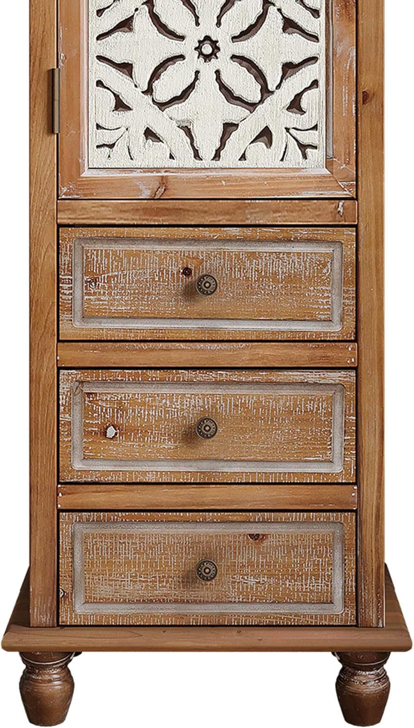 LKTART KTART 54'' Tall Kitchen Pantry Cupboard Storage Cabinet with Shelves & Drawer,French Country Narrow Accent Cabinet with Embossed Floral Metal Doors and Solid Wood Frame,Natural Wood