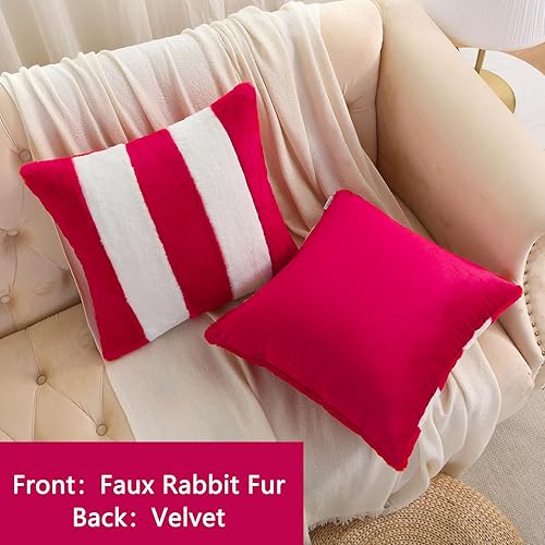 Miniatura 3 de Ikuoic Juego de 2 fundas de almohada a rayas rojas y blancas de 20 x 20 pulgadas, piel sintética de conejo y terciopelo suave, fundas de almohada