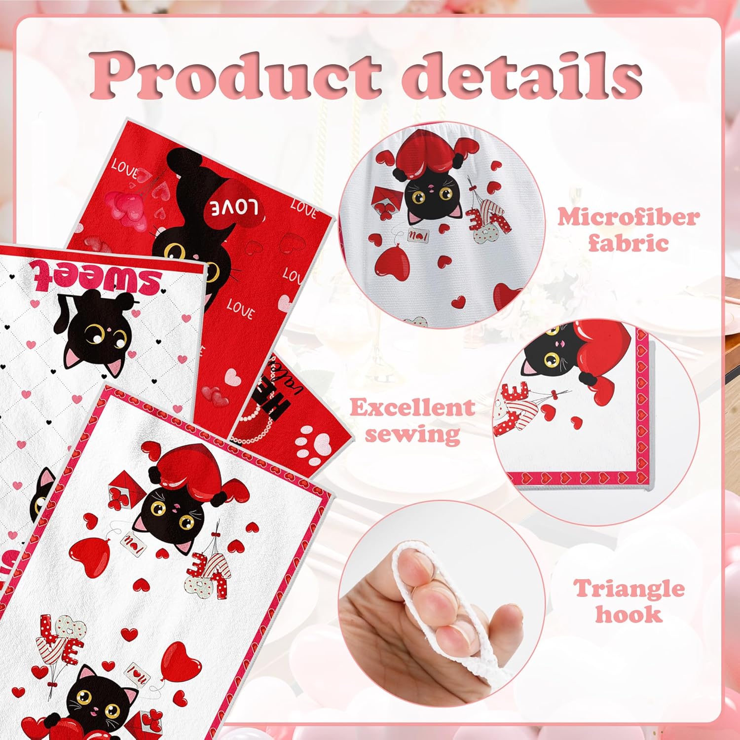 Black Cat Valentines Kitchen Towels Set of 6, Sweet Love Heart Dish Hand Tea Towels Holiday Bathroom Decorations for Valentine's Day Gifts Party Supplies 16x24 Inches - Image 3