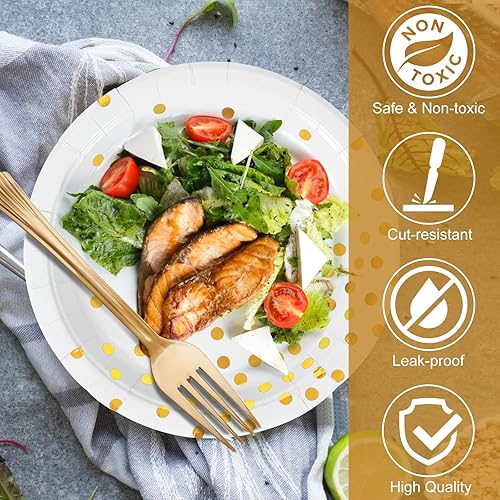 Miniatura 3 de Platos y tenedores de papel para fiestas, juego de vajilla de papel desechable blanco y dorado, 25 platos de postre de papel de 7 pulgadas + 25