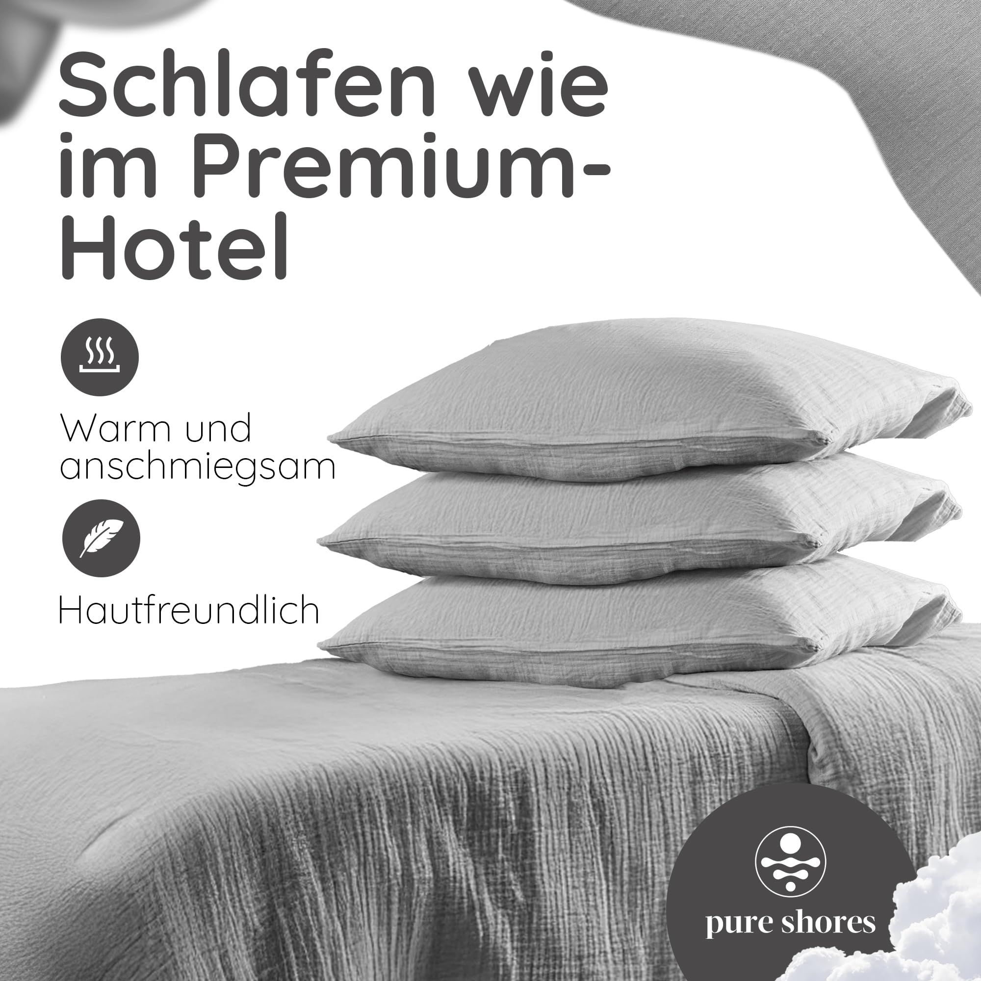 pure shores - Musselin Bettwäsche 135x200 | Bettwäsche 135x200 Baumwolle | Bettwäsche-Sets | 100% Baumwolle mit OEKOTEX | Reißverschluss | Bettwaren | Bedding Set | 1 Kissen | Hellgrau