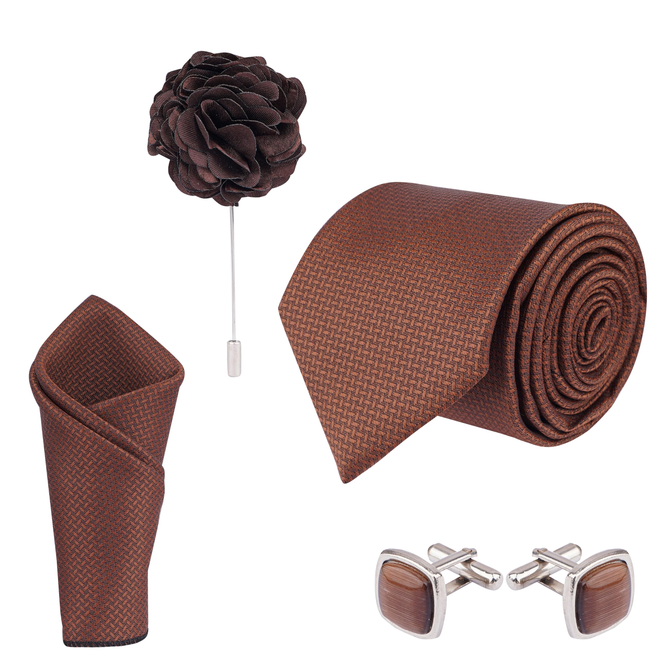 calixto Mens Microfiber criss cross pattern Silky Necktie Gift Set With Pocket Square Cufflinks & Brooch Pin Formal Tie With Leatherite Box | (Leather Gift Box) (Pack of 4)-picture-28