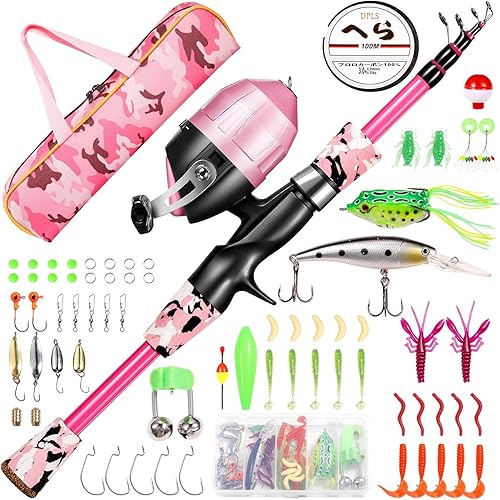 Miniatura 3 de Caña de pescar para niños, kit combinado de caña de pescar telescópica y carrete, equipo de pesca, señuelos de pesca, bolsa de transporte, 70 juegos