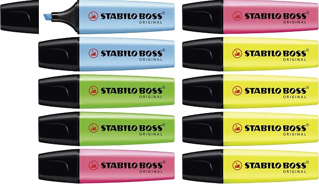 Highlighter - STABILO BOSS ORIGINAL - Pack of 10 - 4 x Yellow, 2 x Blue, 2 x Green, 2 x Pink