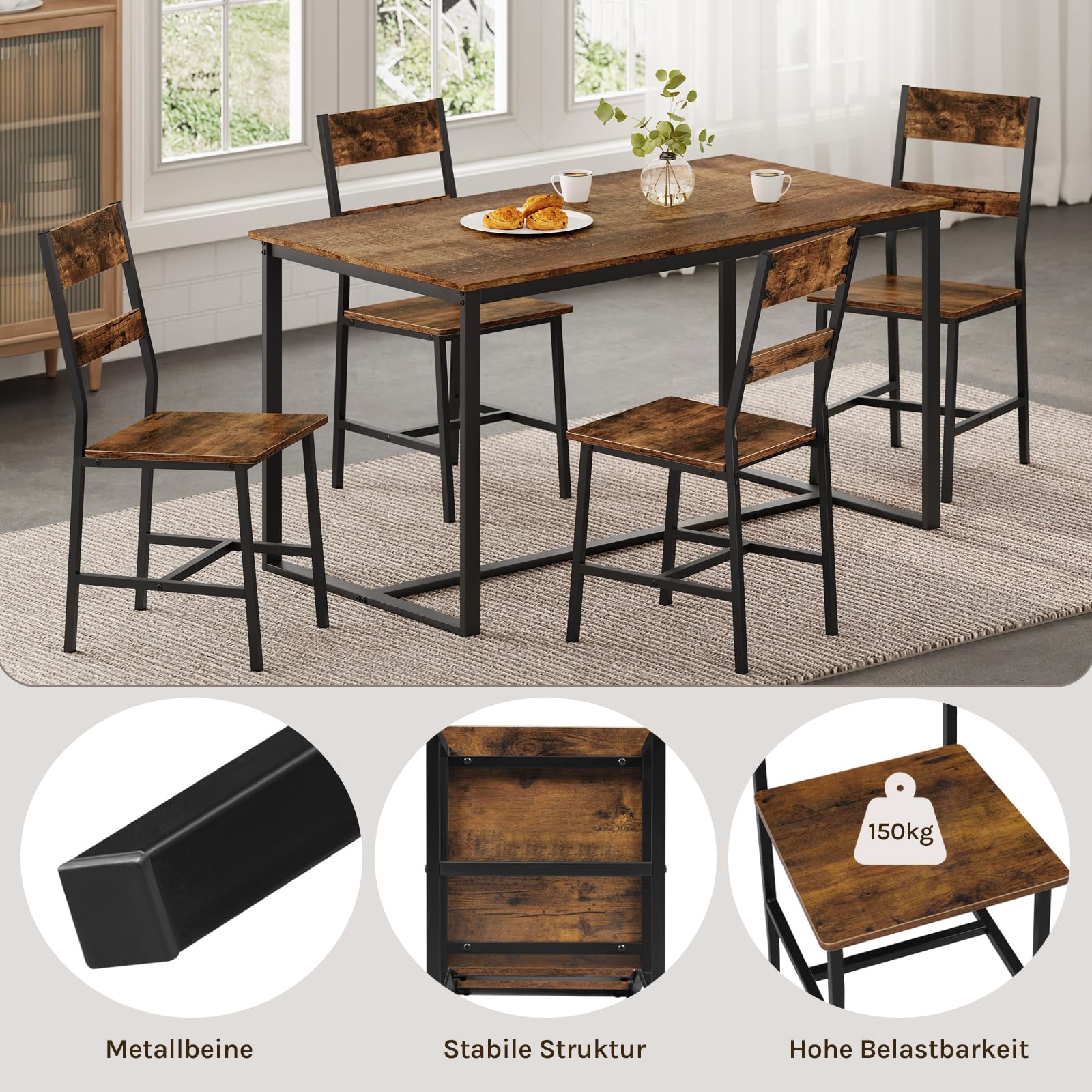 Esszimmerstühle 2er Set, Küchenstühle, Wohnzimmerstühle, mit Metallrahmen, ergonomischer Stuhl,für Küche Wohnzimmer Balkon, Industriestil, Rustikales Braun, K0027EZS-2