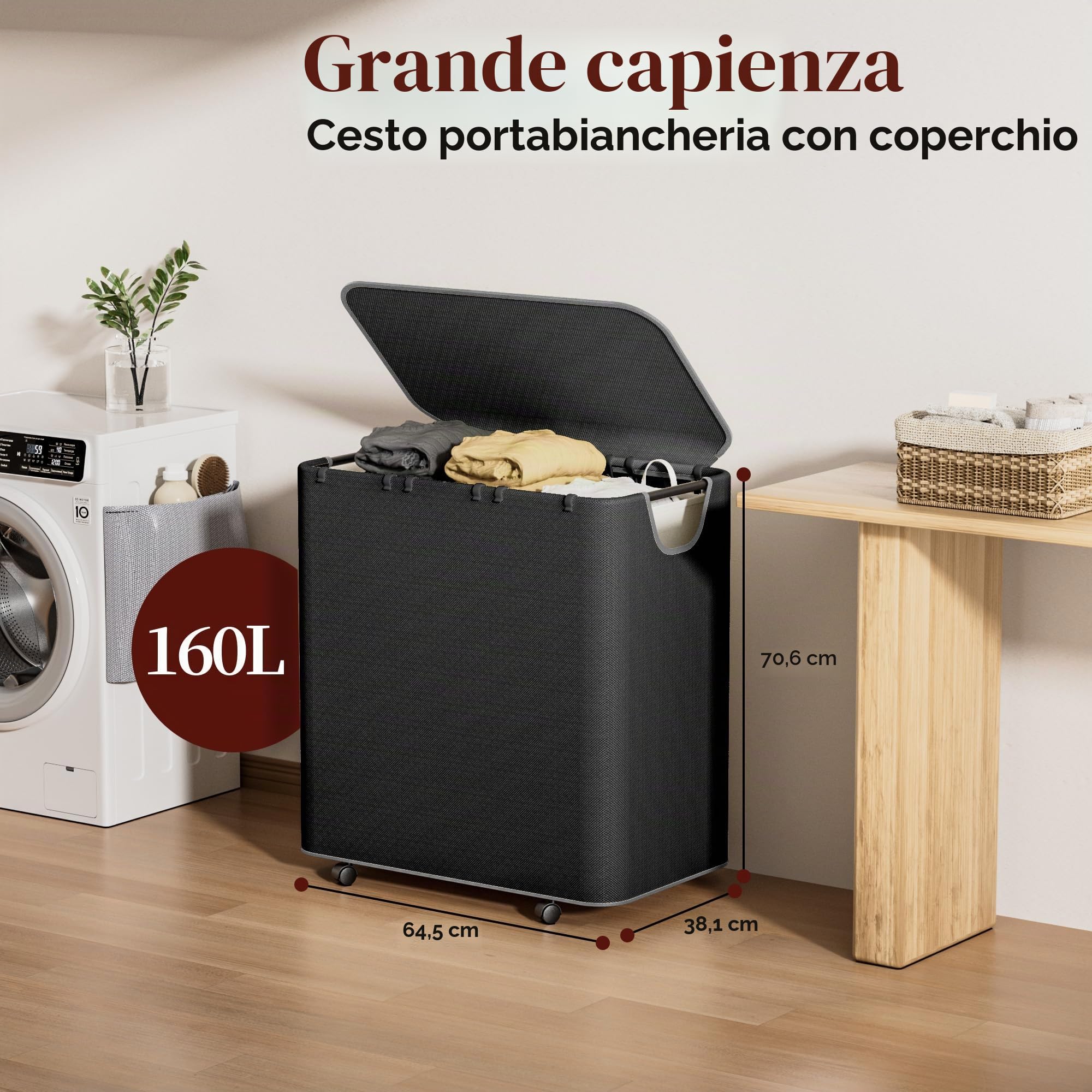 LAMU Cesto portabiancheria a 3 scomparti, cesto portabiancheria da 180 l, con coperchio, 3 scomparti e 6 sacchetti per la biancheria, rimovibile, montaggio rapido, per bagno, camera da letto