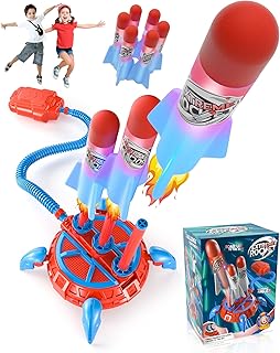 TORTINARY Toy Rocket Launcher for Kids, 6 LED Foam Rockets Shoots Up to 100 Ft, Adjustable Sturdy Launcher Stand with Stomp Launch Pad Fun Outdoor Toy for Boys and Girls
