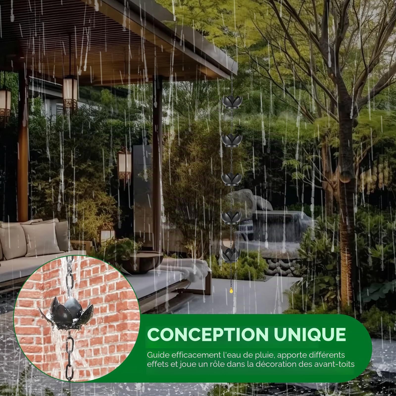 Chaîne de pluie, chaîne de gouttière chaîne d'évacuation de pluie avec crochets en S, chaîne de pluie chaîne d'évacuation, longueur réglable, chaîne de pluie avec imitation de nénuphars, pour