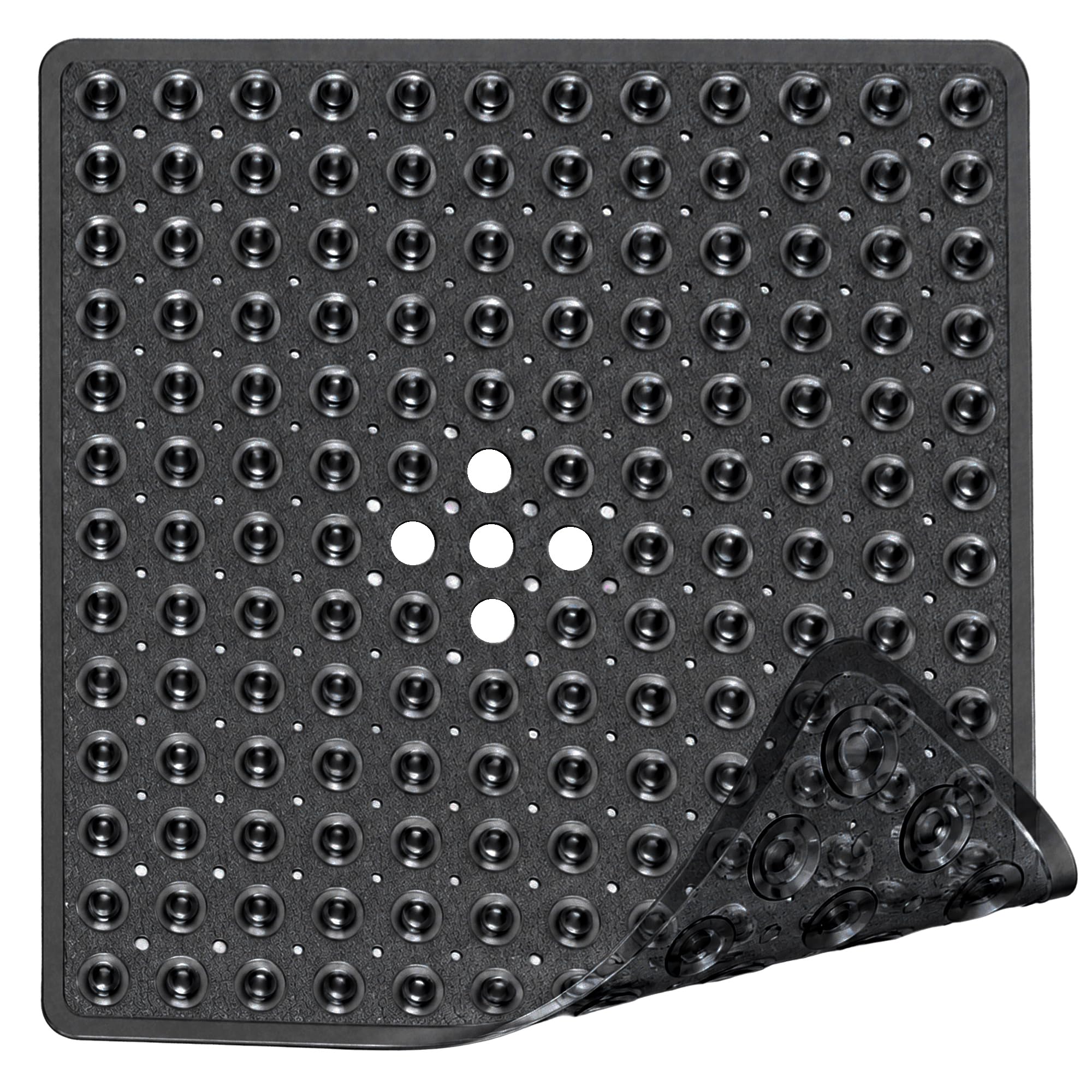 Shower Mat Non Slip Anti Mould, Square Shower Mats for Inside Shower, 53x53cm Anti Slip Bath Mat with Strong Suction Cups and Drain Holes, Rubber Bath Mat Mildew Resistant, Machine Washable (Black)